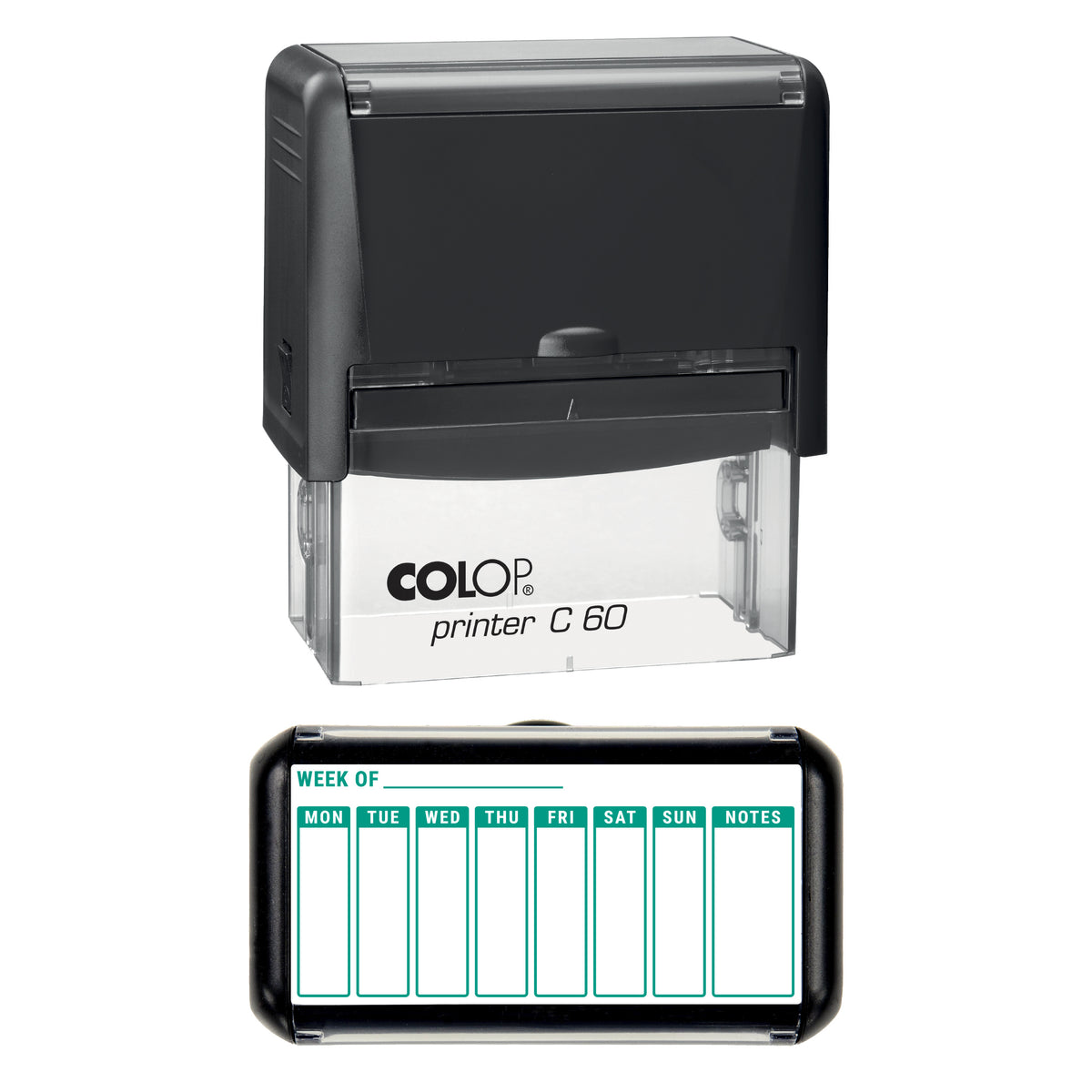 Stamp showing the Weekly Planner Spread design, 77 x 36mm COLOP C60 self-inking stamp, green ink