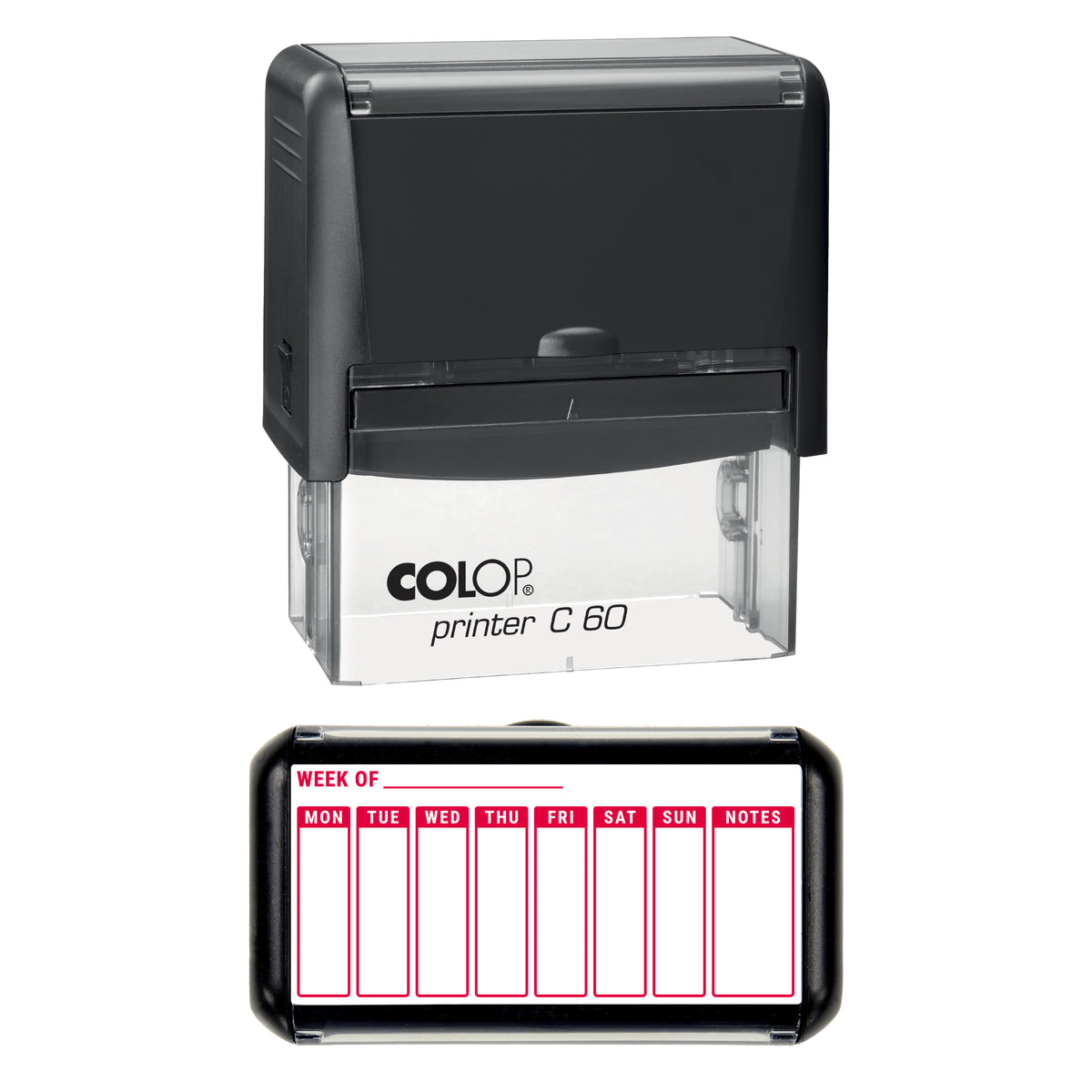 Stamp showing the Weekly Planner Spread design, 77 x 36mm COLOP C60 self-inking stamp, red ink