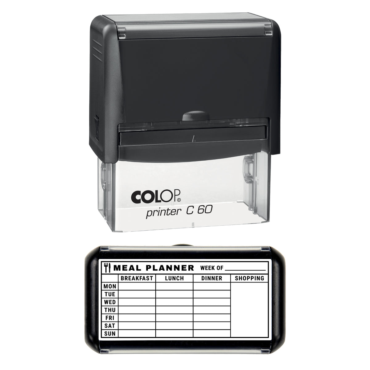 Stamp showing the Weekly Meal Planner design, 77 x 36mm COLOP C60 self-inking stamp, black ink