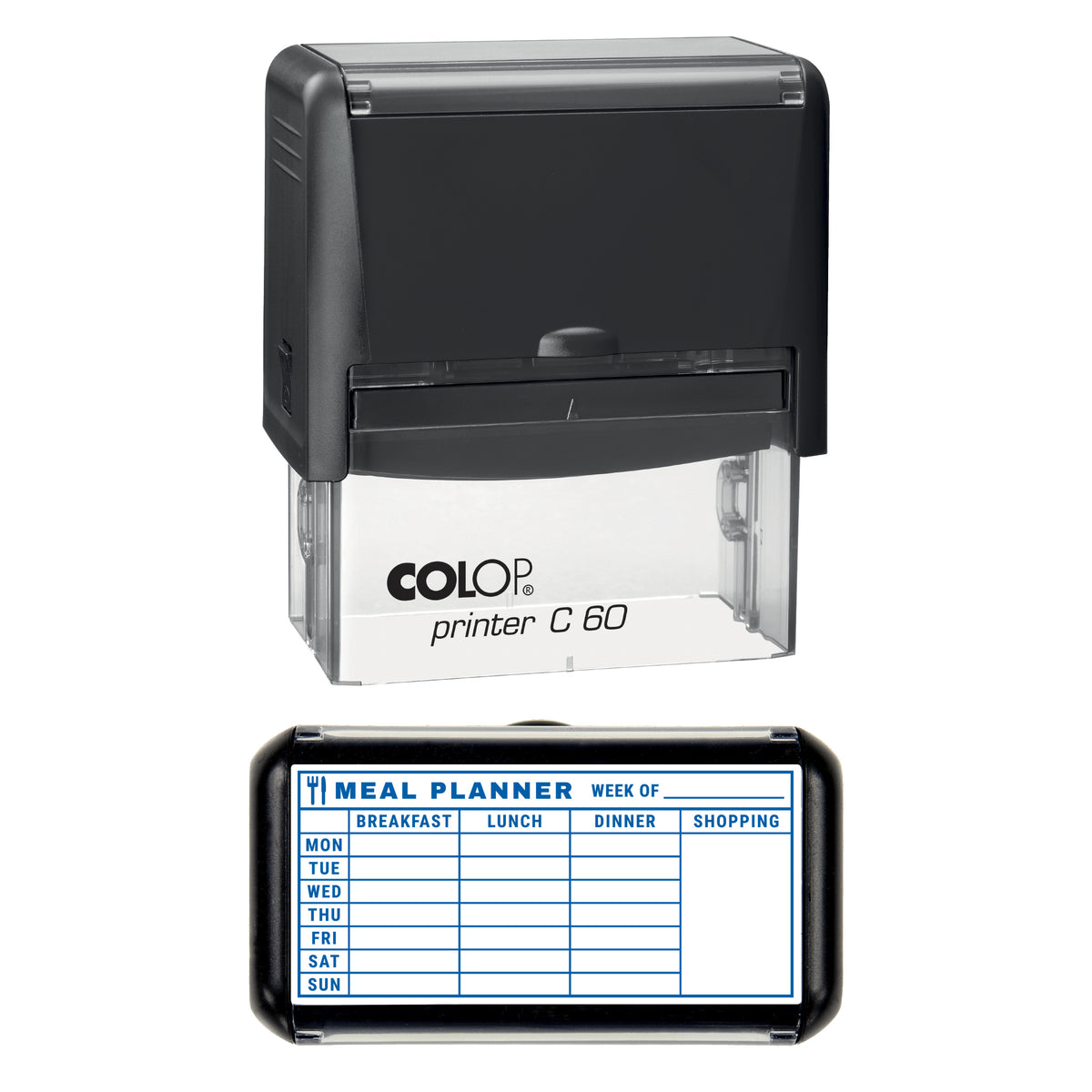 Stamp showing the Weekly Meal Planner design, 77 x 36mm COLOP C60 self-inking stamp, blue ink