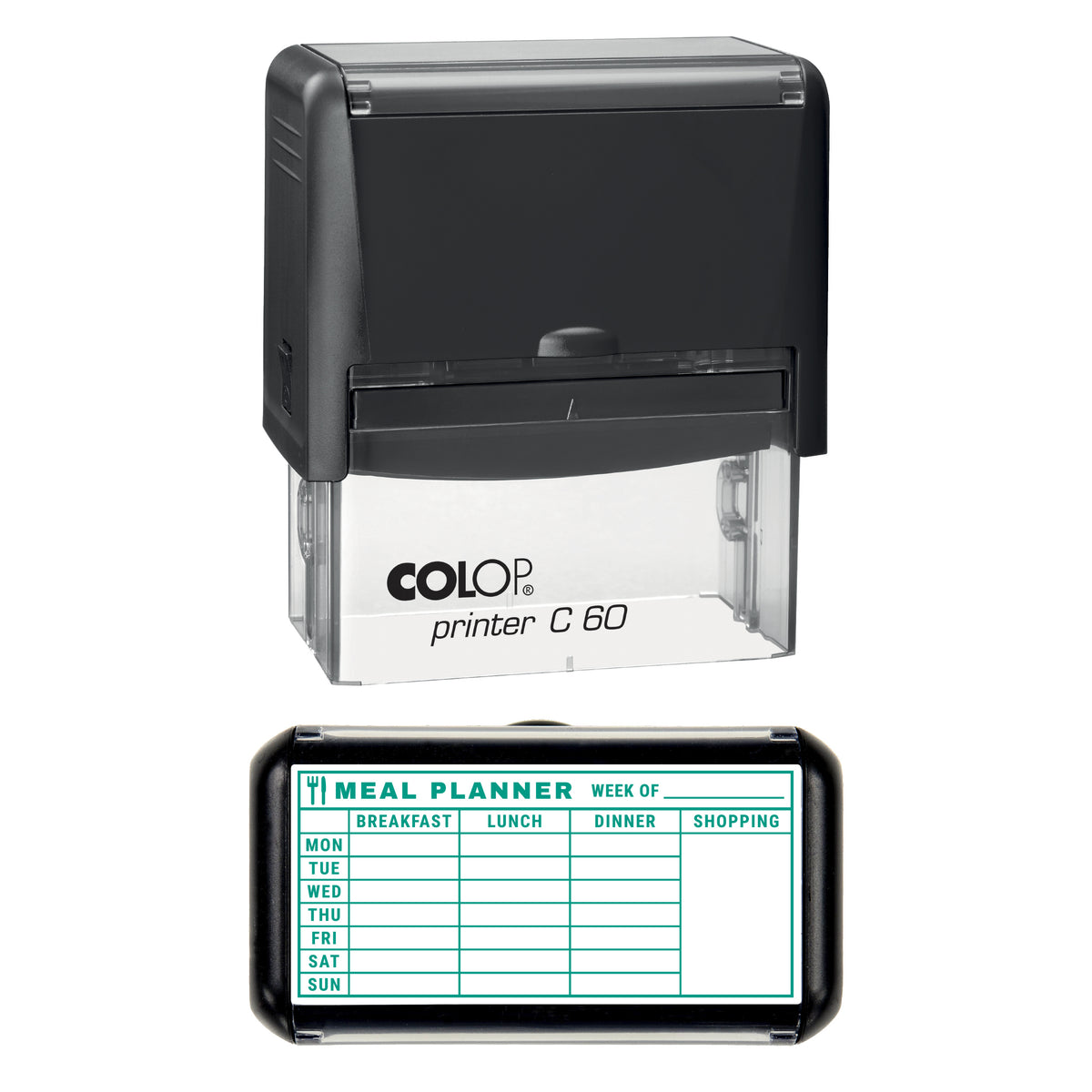 Stamp showing the Weekly Meal Planner design, 77 x 36mm COLOP C60 self-inking stamp, green ink