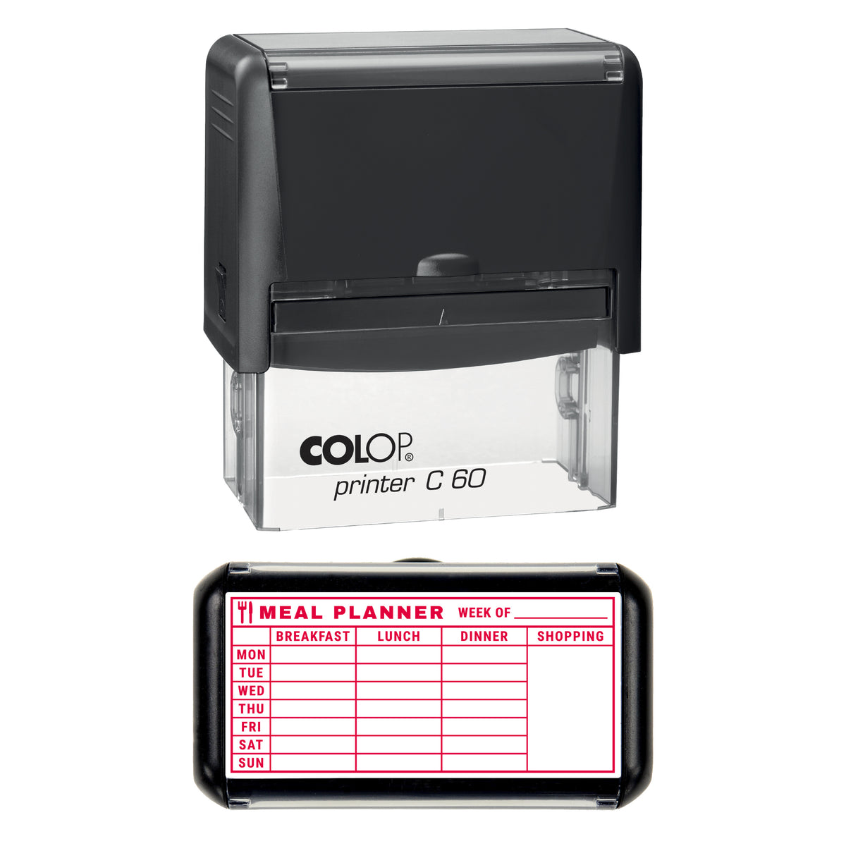 Stamp showing the Weekly Meal Planner design, 77 x 36mm COLOP C60 self-inking stamp, red ink