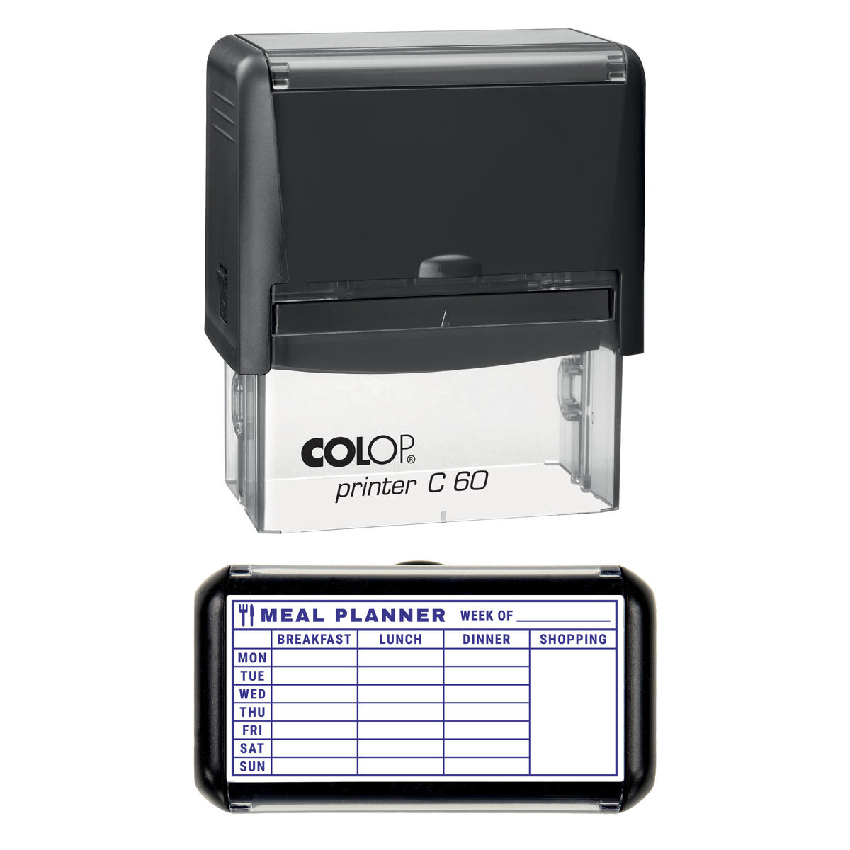 Stamp showing the Weekly Meal Planner design, 77 x 36mm COLOP C60 self-inking stamp, violet ink