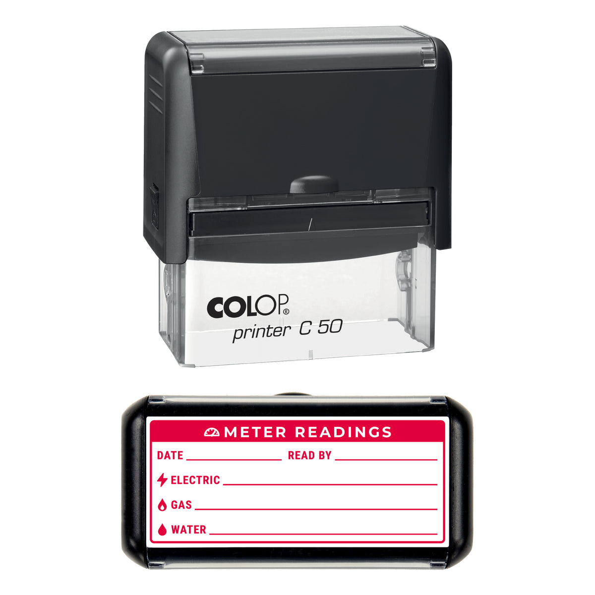 Stamp showing the Meter Readings Record design, 70 x 30mm COLOP C50 self-inking stamp, red ink