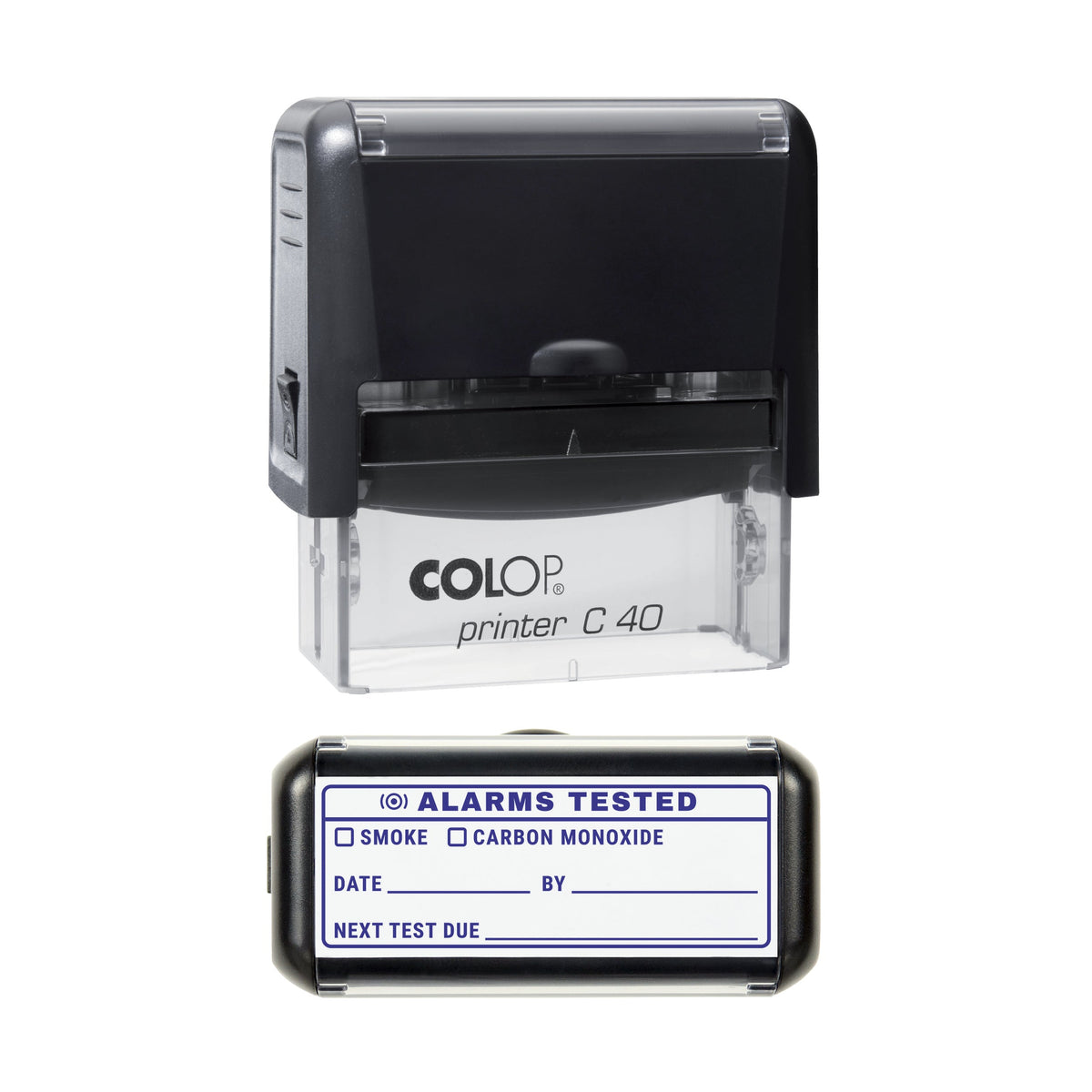 Stamp showing the Smoke and Carbon Monoxide Alarms Tested design, 58 x 22mm COLOP C40 self-inking stamp, violet ink