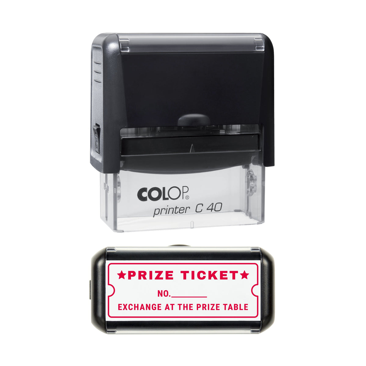 Stamp showing the Prize Ticket design, 58 x 22mm COLOP C40 self-inking stamp, red ink