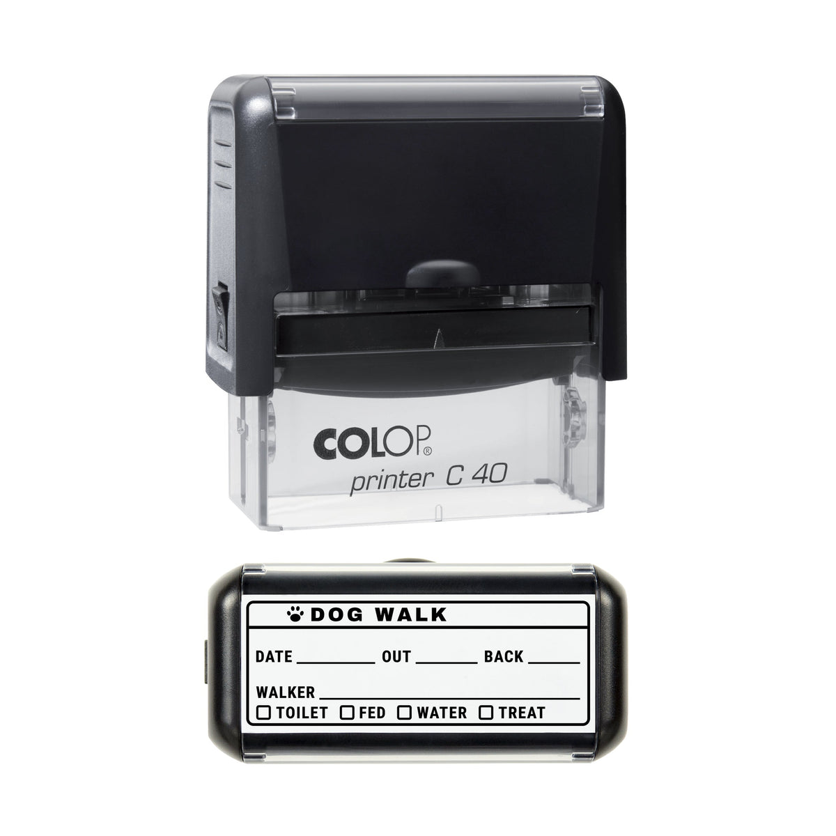 Stamp showing the Dog Walk Report design, 58 x 22mm COLOP C40 self-inking stamp, black ink