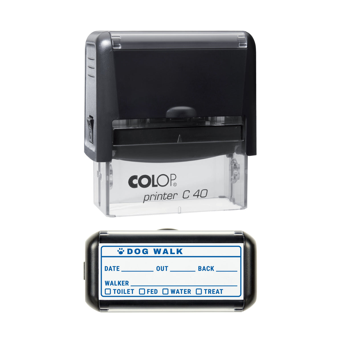 Stamp showing the Dog Walk Report design, 58 x 22mm COLOP C40 self-inking stamp, blue ink