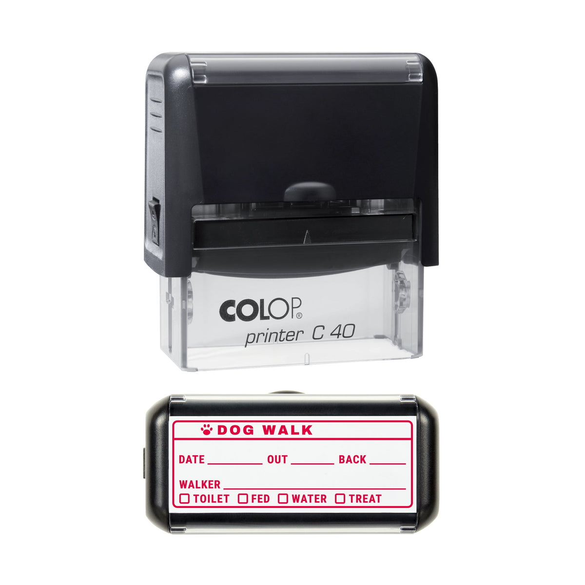 Stamp showing the Dog Walk Report design, 58 x 22mm COLOP C40 self-inking stamp, red ink