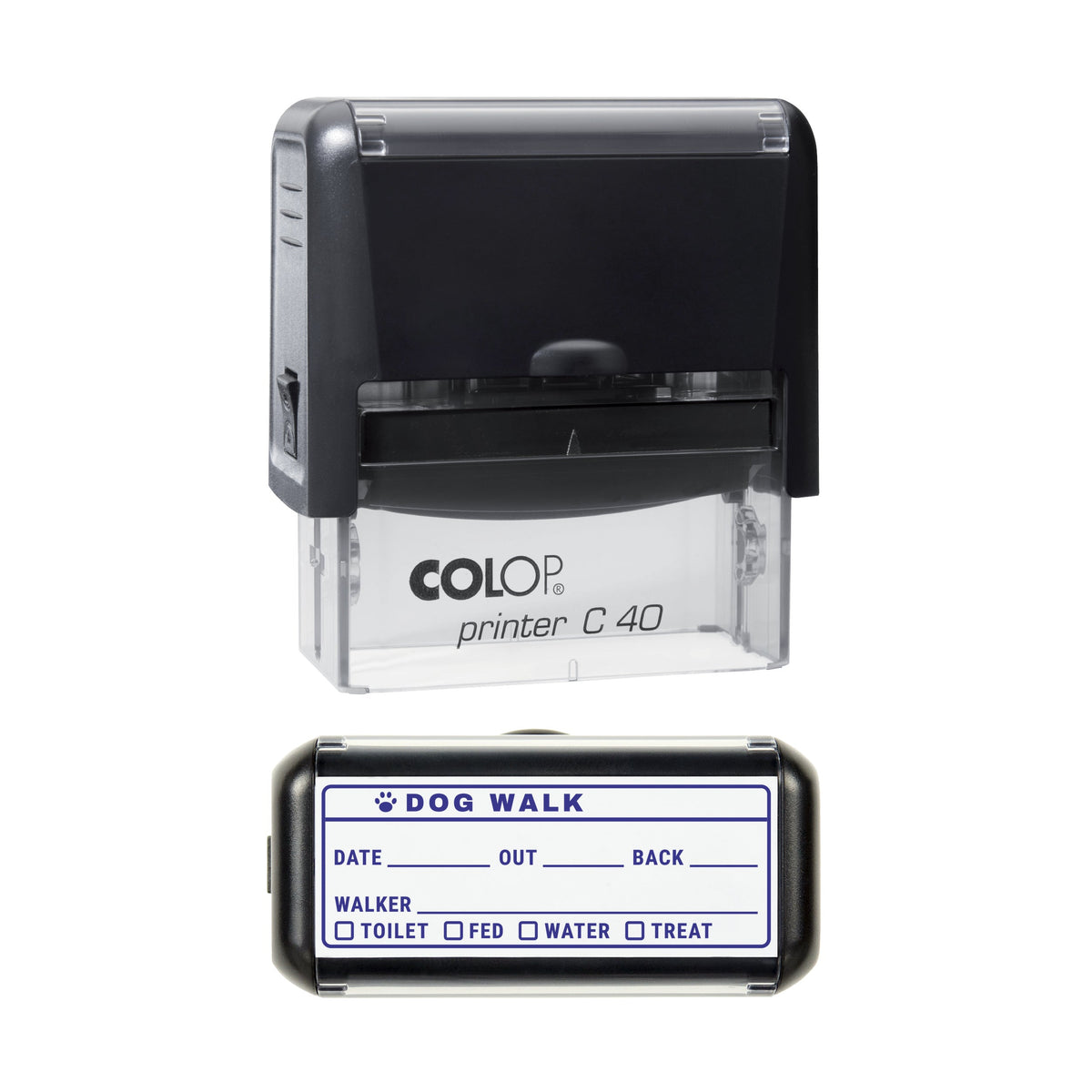 Stamp showing the Dog Walk Report design, 58 x 22mm COLOP C40 self-inking stamp, violet ink