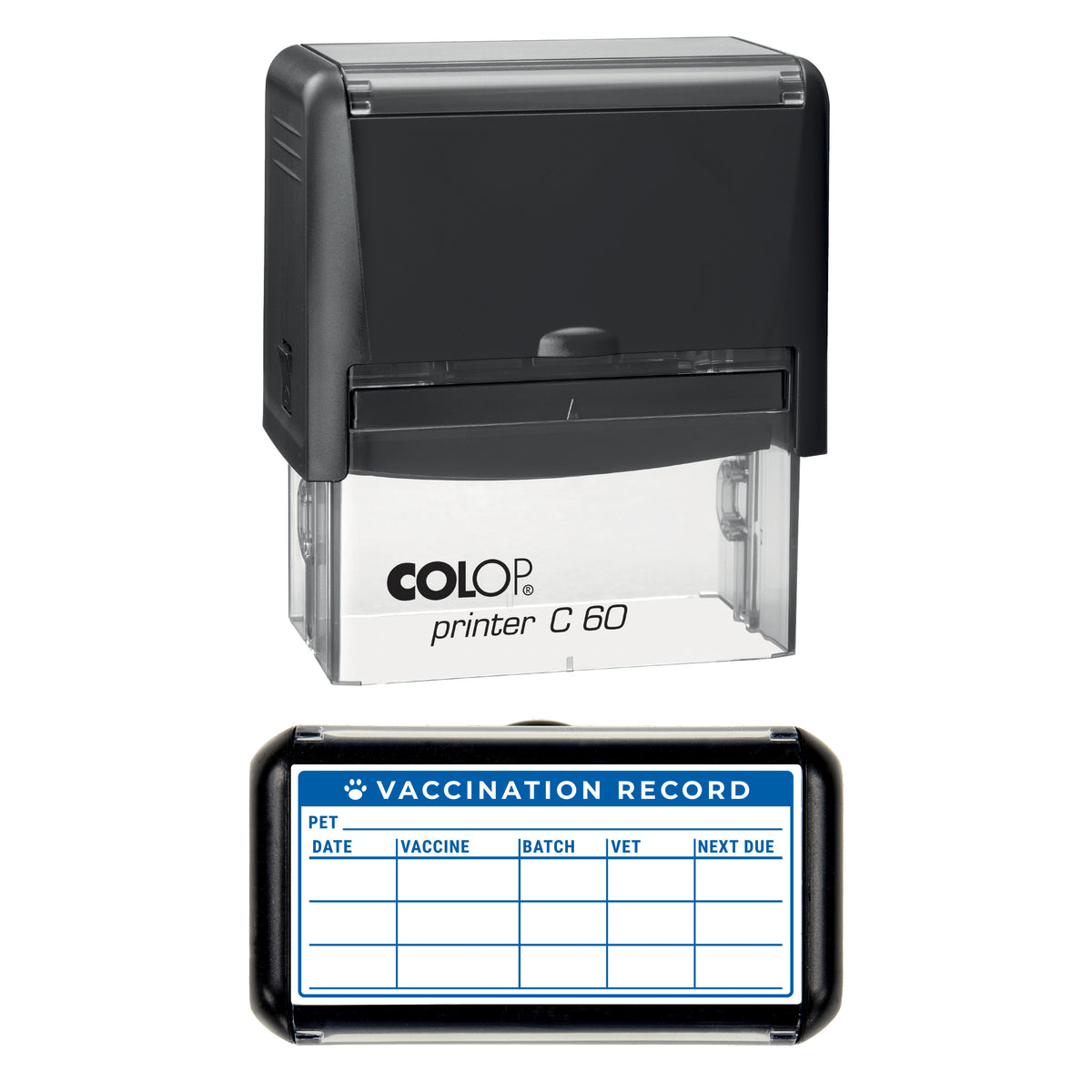 Stamp showing the Pet Vaccination Record design, 77 x 36mm COLOP C60 self-inking stamp, blue ink