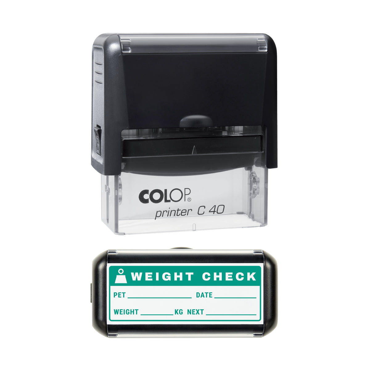 Stamp showing the Pet Weight Check design, 58 x 22mm COLOP C40 self-inking stamp, green ink
