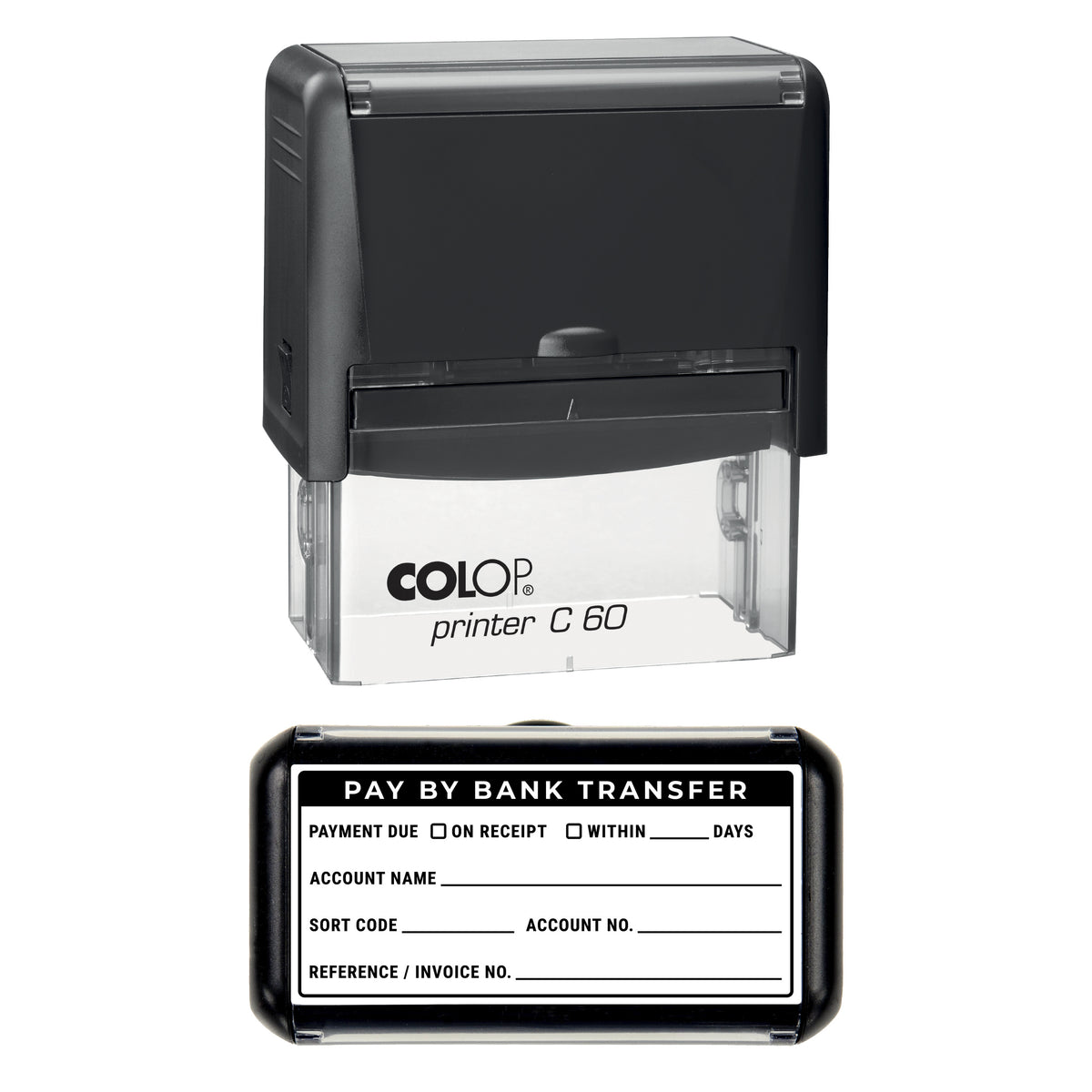 Stamp showing the Bank Transfer Payment Details Write-In design, 77 x 36mm COLOP C60 self-inking stamp, black ink