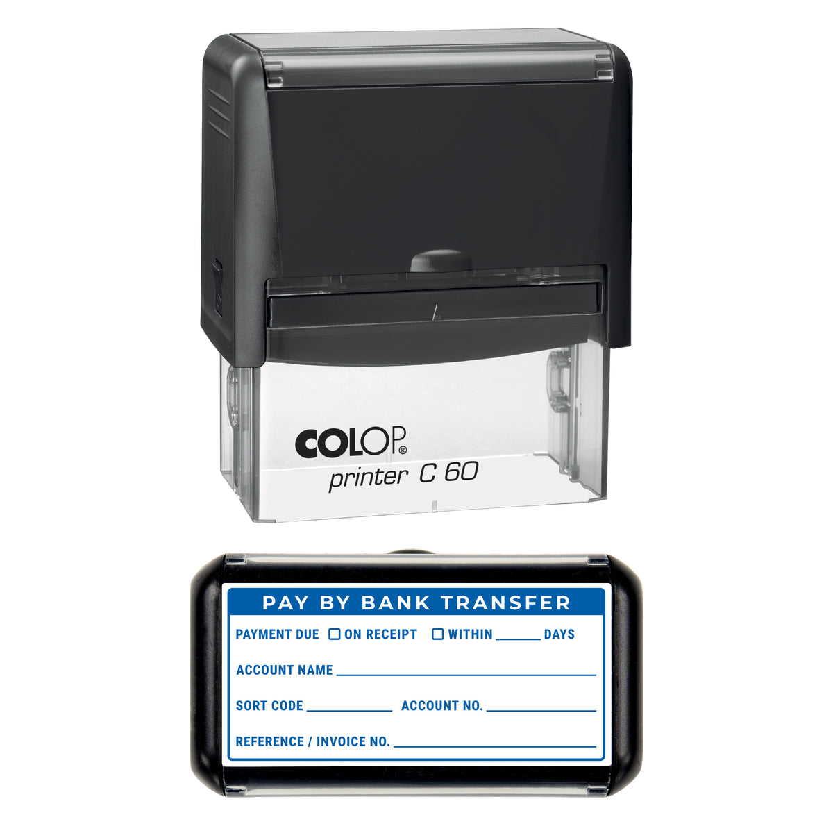 Stamp showing the Bank Transfer Payment Details Write-In design, 77 x 36mm COLOP C60 self-inking stamp, blue ink