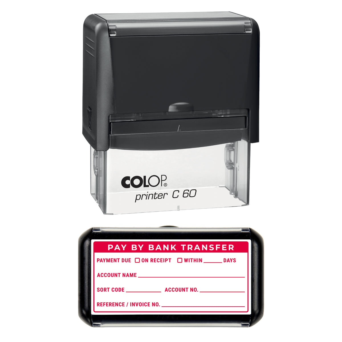 Stamp showing the Bank Transfer Payment Details Write-In design, 77 x 36mm COLOP C60 self-inking stamp, red ink