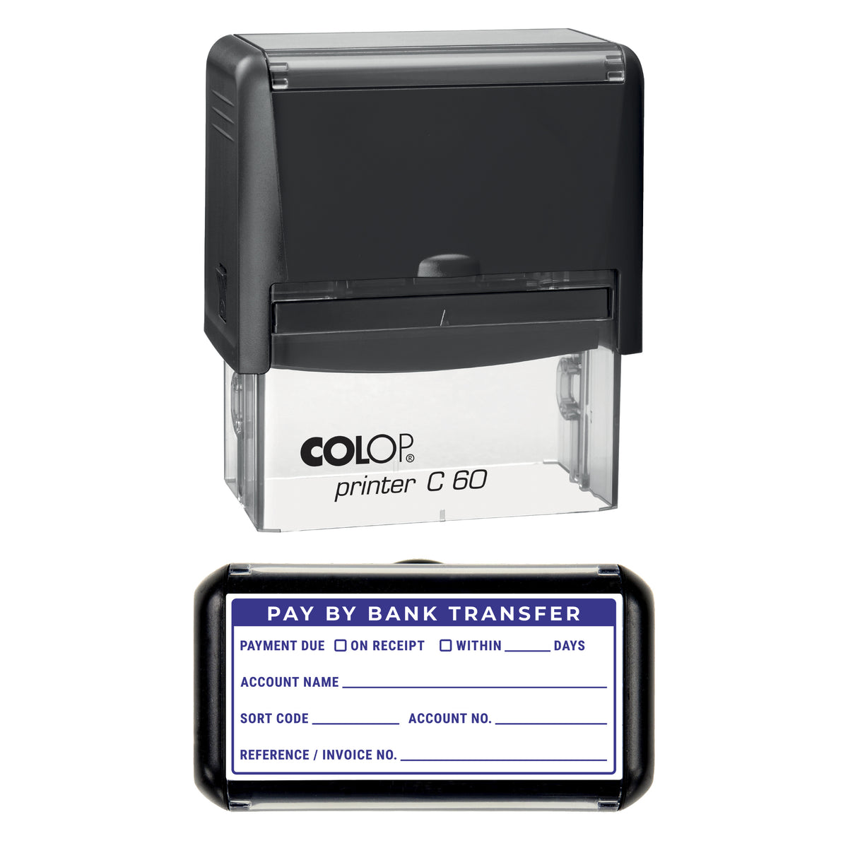 Stamp showing the Bank Transfer Payment Details Write-In design, 77 x 36mm COLOP C60 self-inking stamp, violet ink