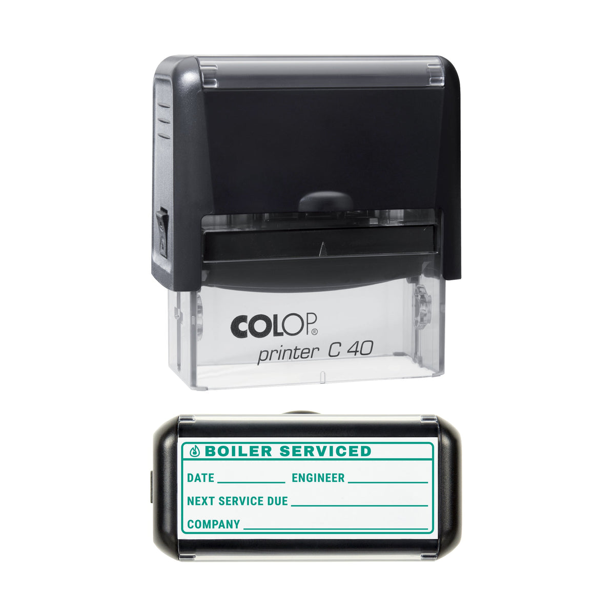 Stamp showing the Boiler Serviced Record design, 58 x 22mm COLOP C40 self-inking stamp, green ink