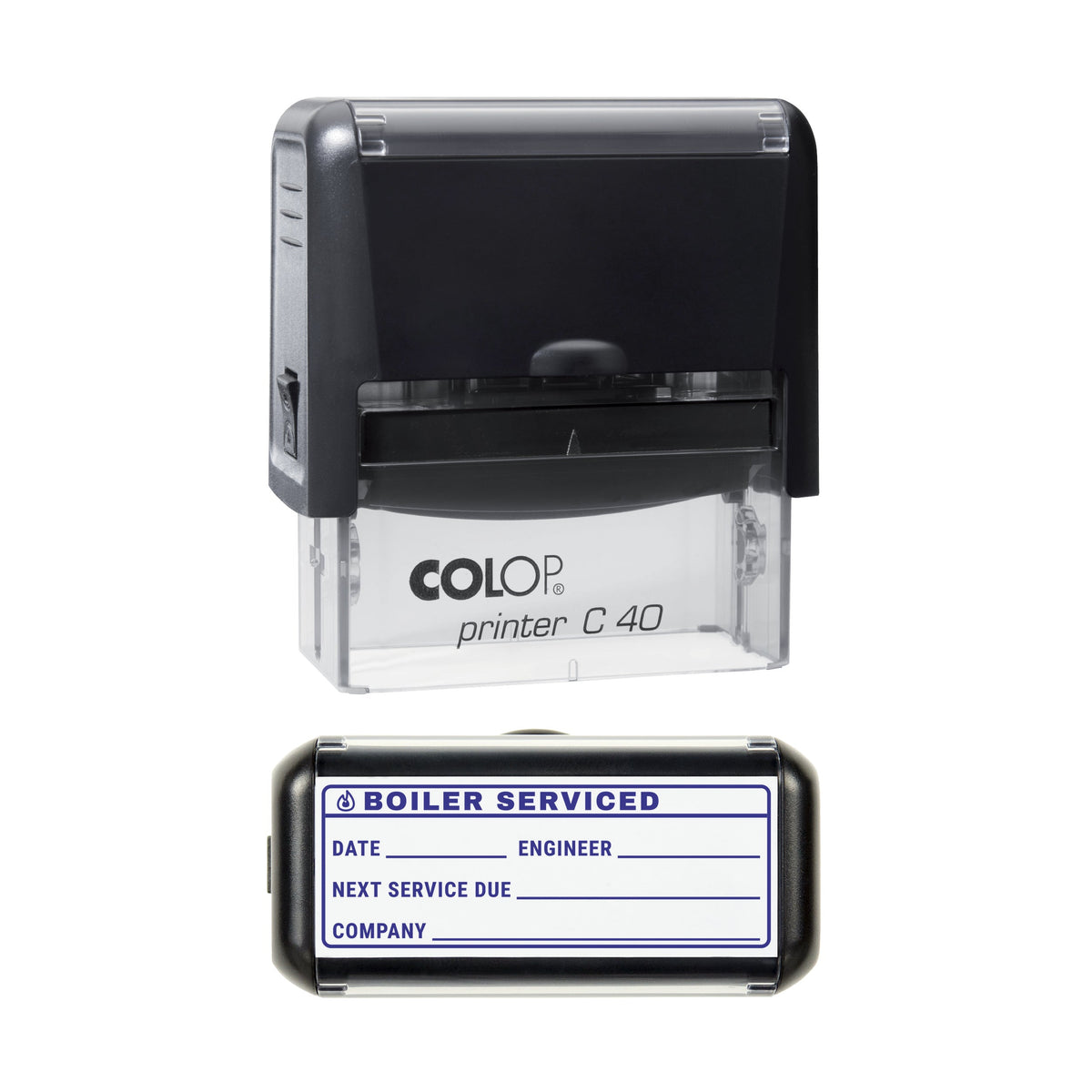 Stamp showing the Boiler Serviced Record design, 58 x 22mm COLOP C40 self-inking stamp, violet ink