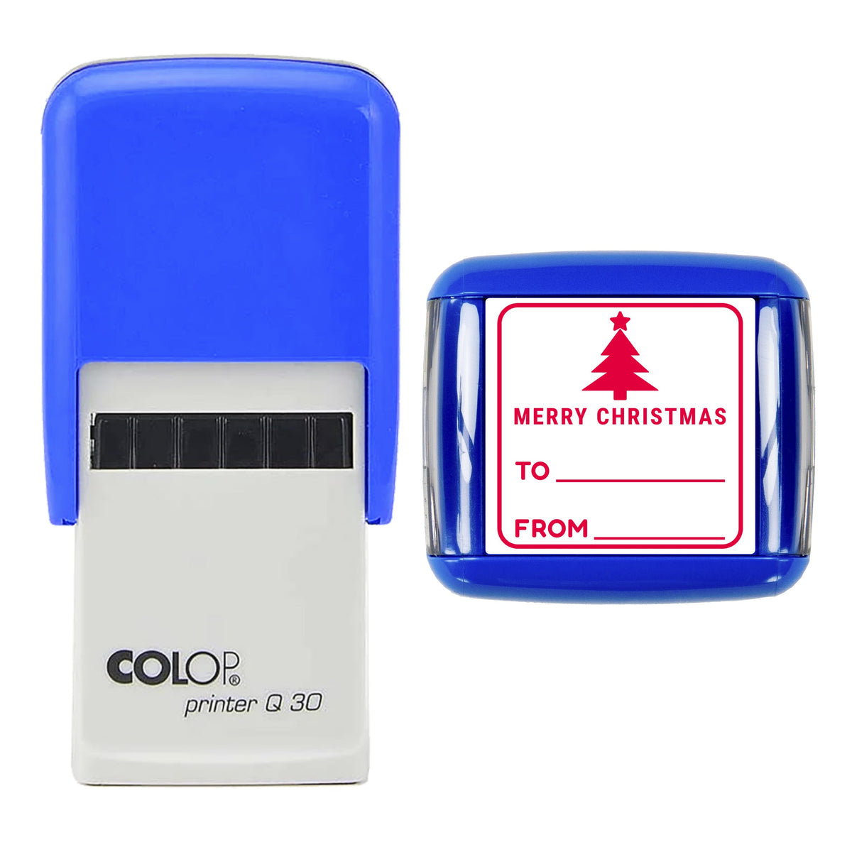 Stamp showing the Christmas Tree To and From Gift Tag design, 30 x 30mm COLOP Q30 self-inking stamp, red ink