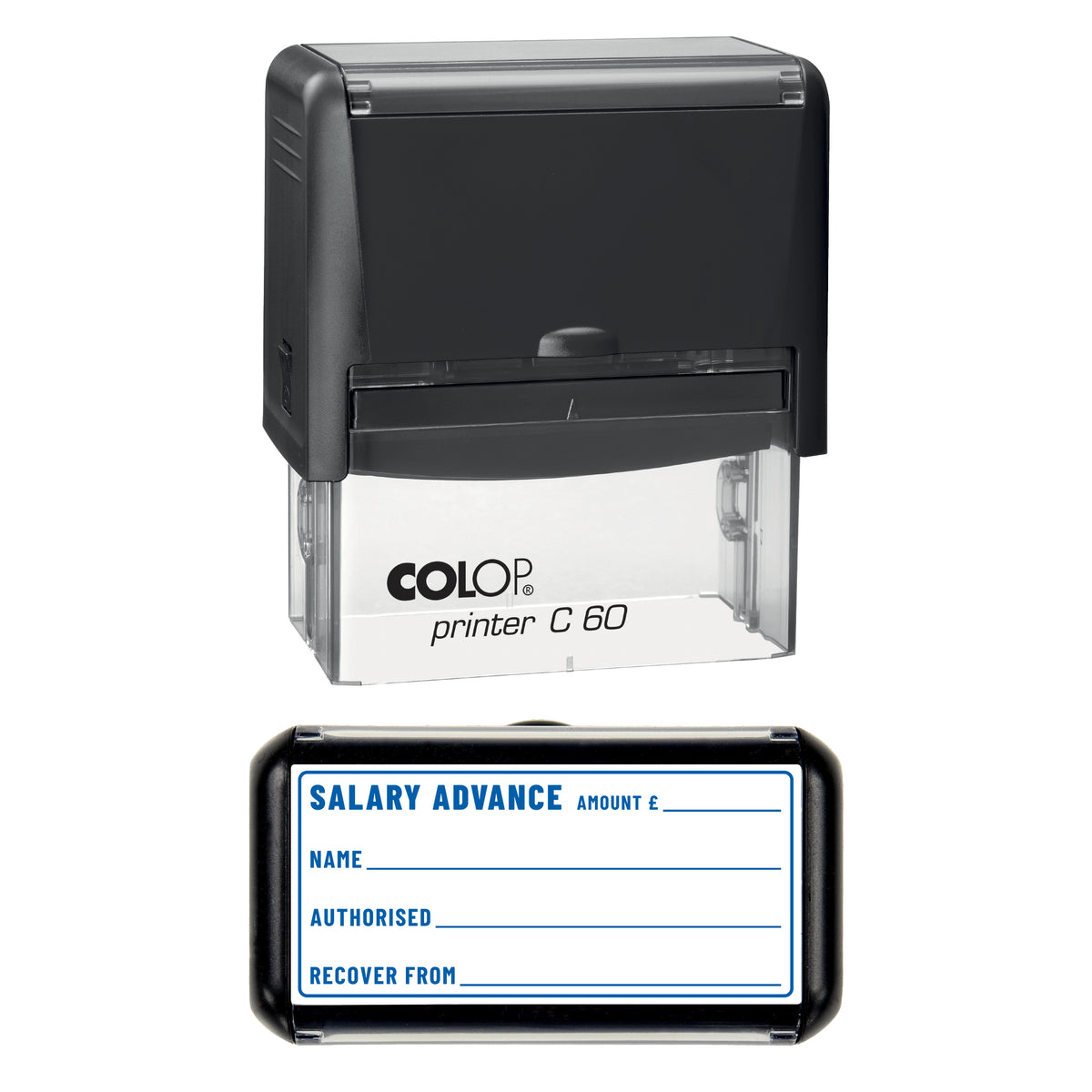 Salary Advance Stamp, COLOP C60, 77 x 36mm, blue ink