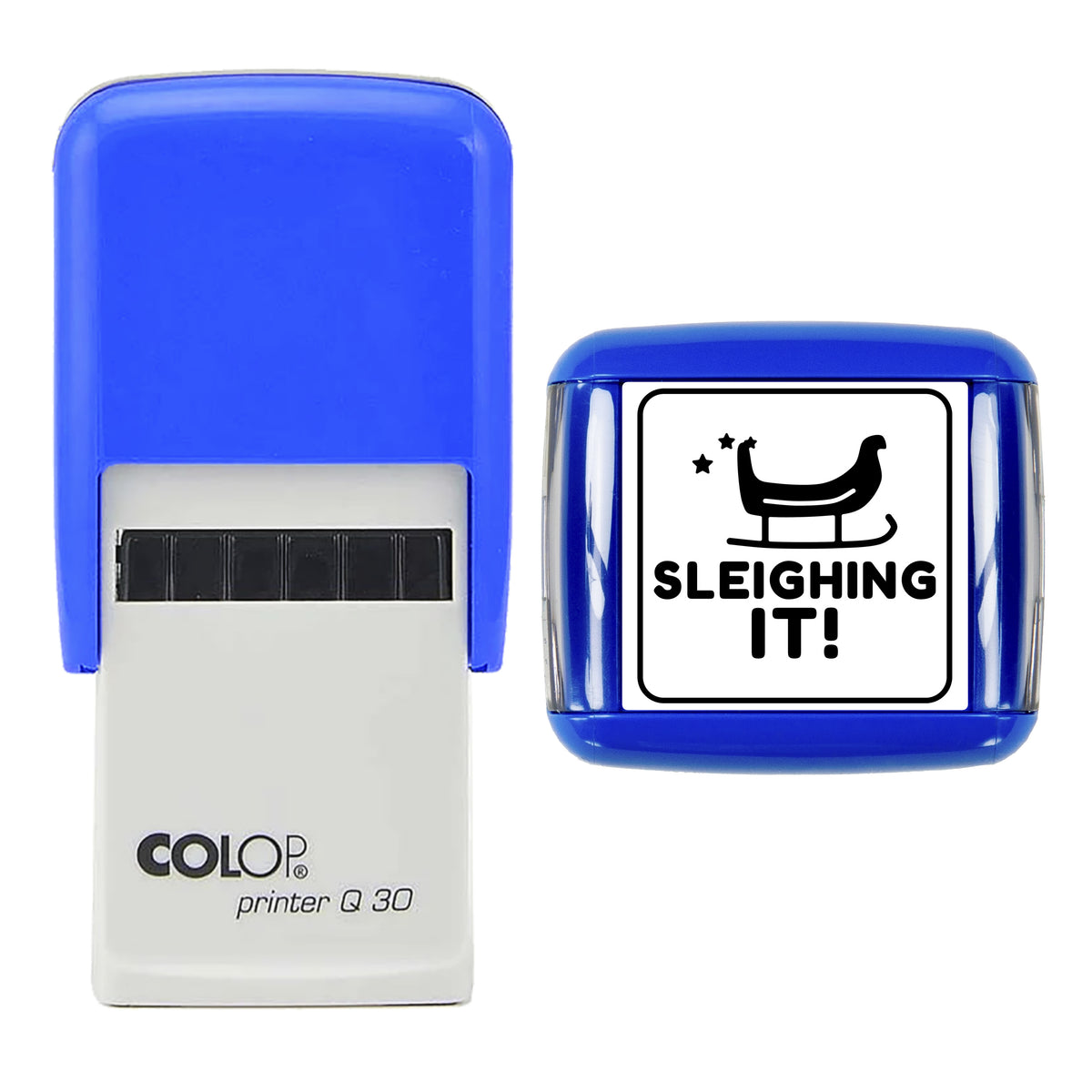 Stamp showing the Sleighing It Christmas Reward design, 30 x 30mm COLOP Q30 self-inking stamp, black ink