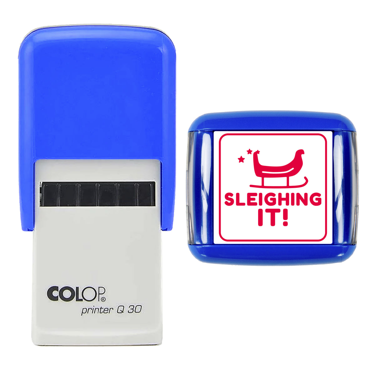 Stamp showing the Sleighing It Christmas Reward design, 30 x 30mm COLOP Q30 self-inking stamp, red ink