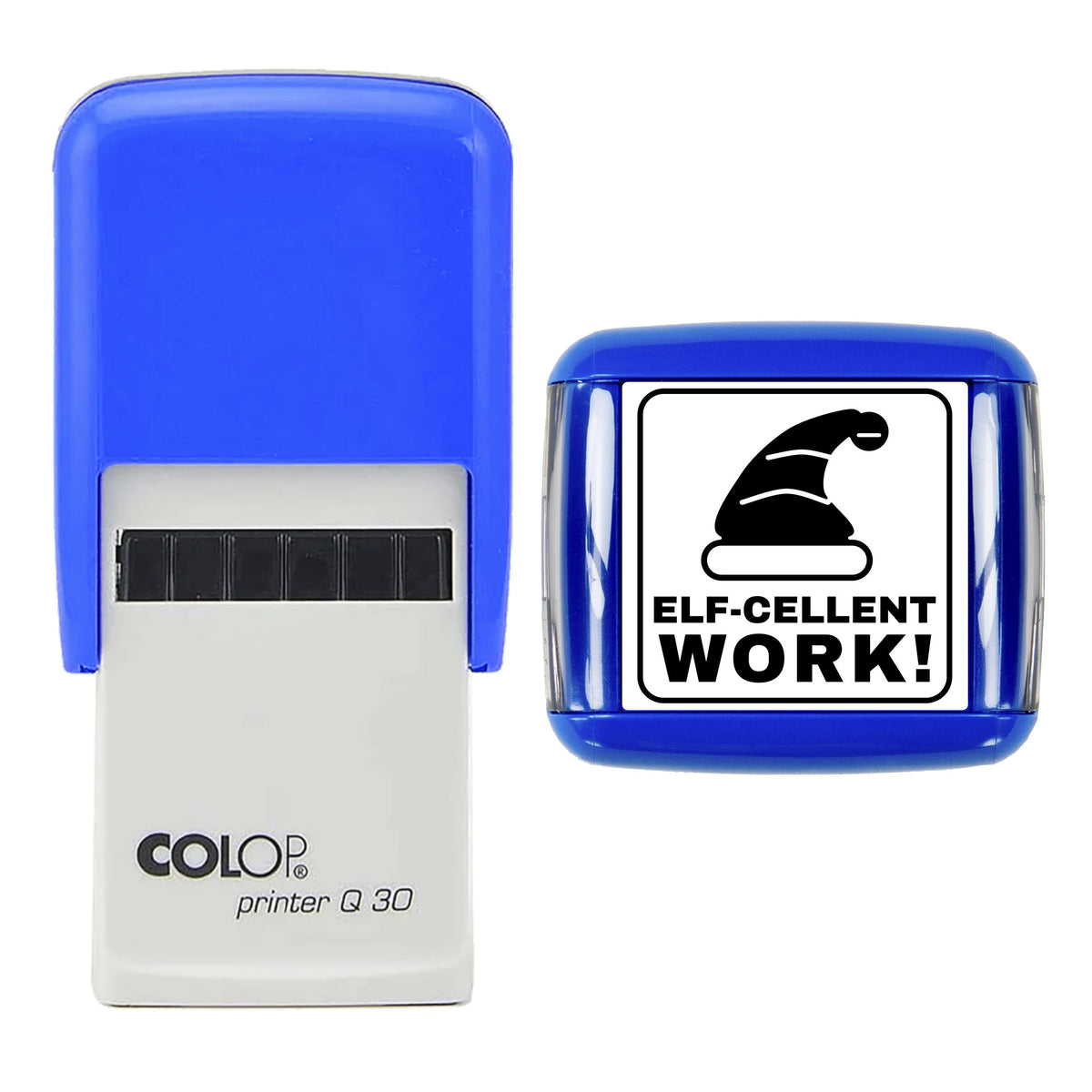 Stamp showing the Elf-cellent Work Christmas Reward design, 30 x 30mm COLOP Q30 self-inking stamp, black ink