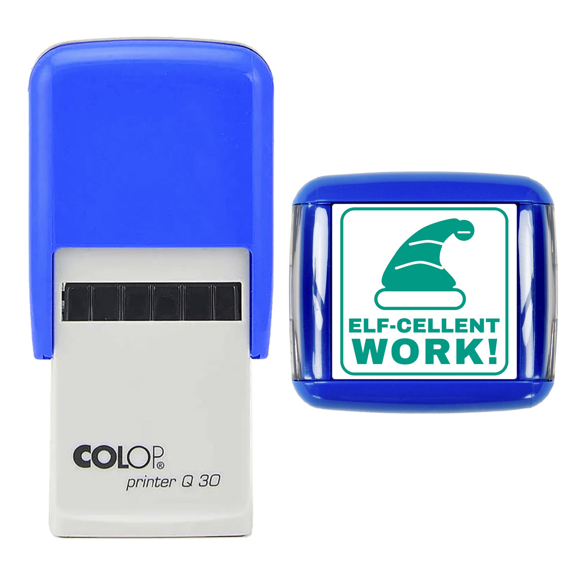 Stamp showing the Elf-cellent Work Christmas Reward design, 30 x 30mm COLOP Q30 self-inking stamp, green ink
