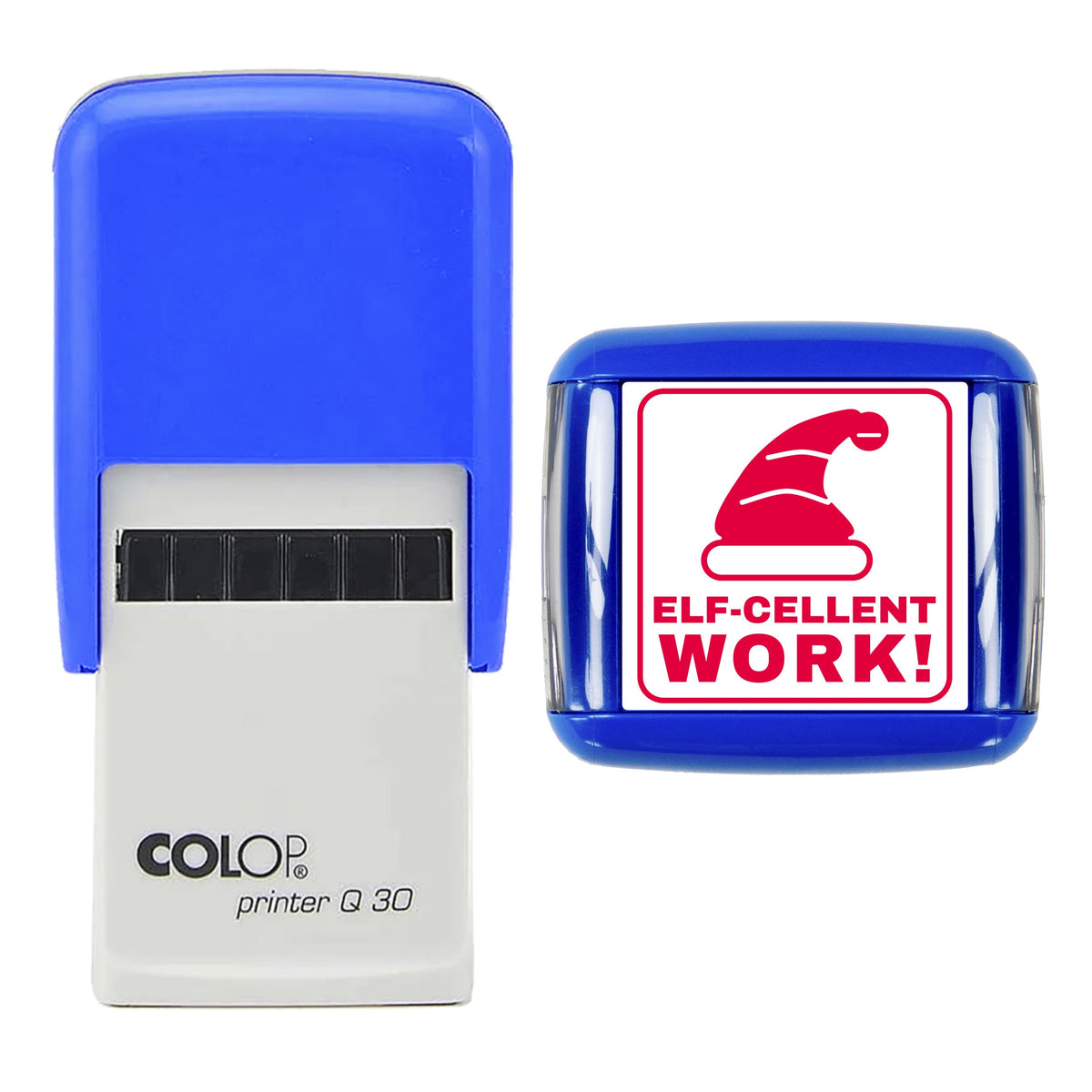 Stamp showing the Elf-cellent Work Christmas Reward design, 30 x 30mm COLOP Q30 self-inking stamp, red ink