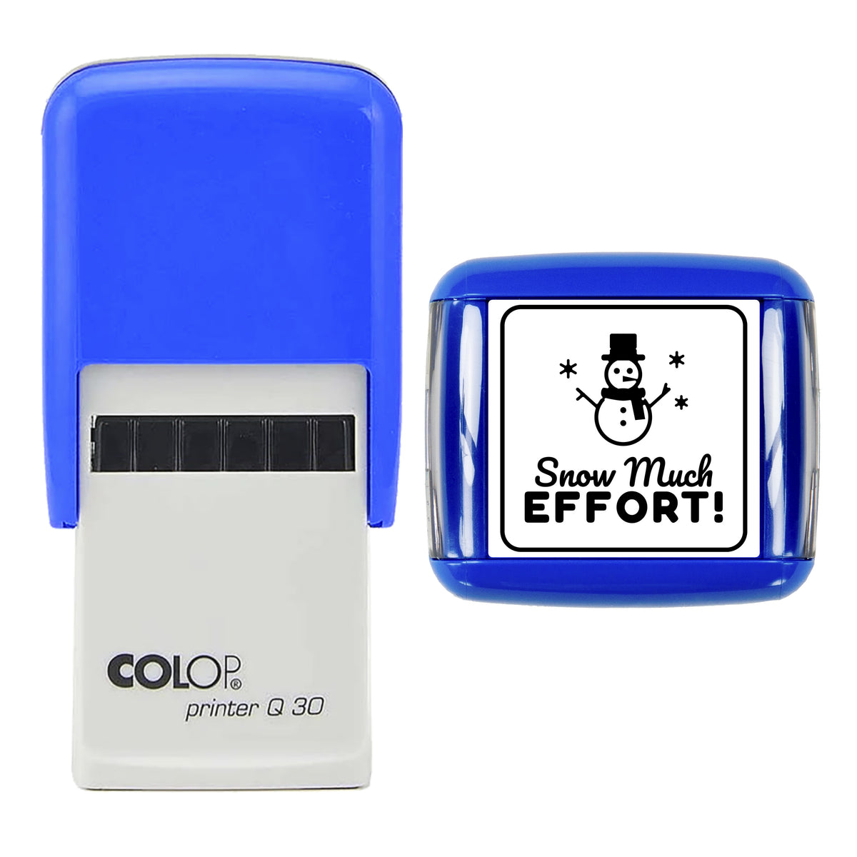 Stamp showing the Snow Much Effort Christmas Reward design, 30 x 30mm COLOP Q30 self-inking stamp, black ink