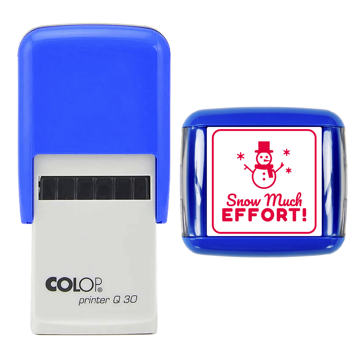 Stamp showing the Snow Much Effort Christmas Reward design, 30 x 30mm COLOP Q30 self-inking stamp, red ink