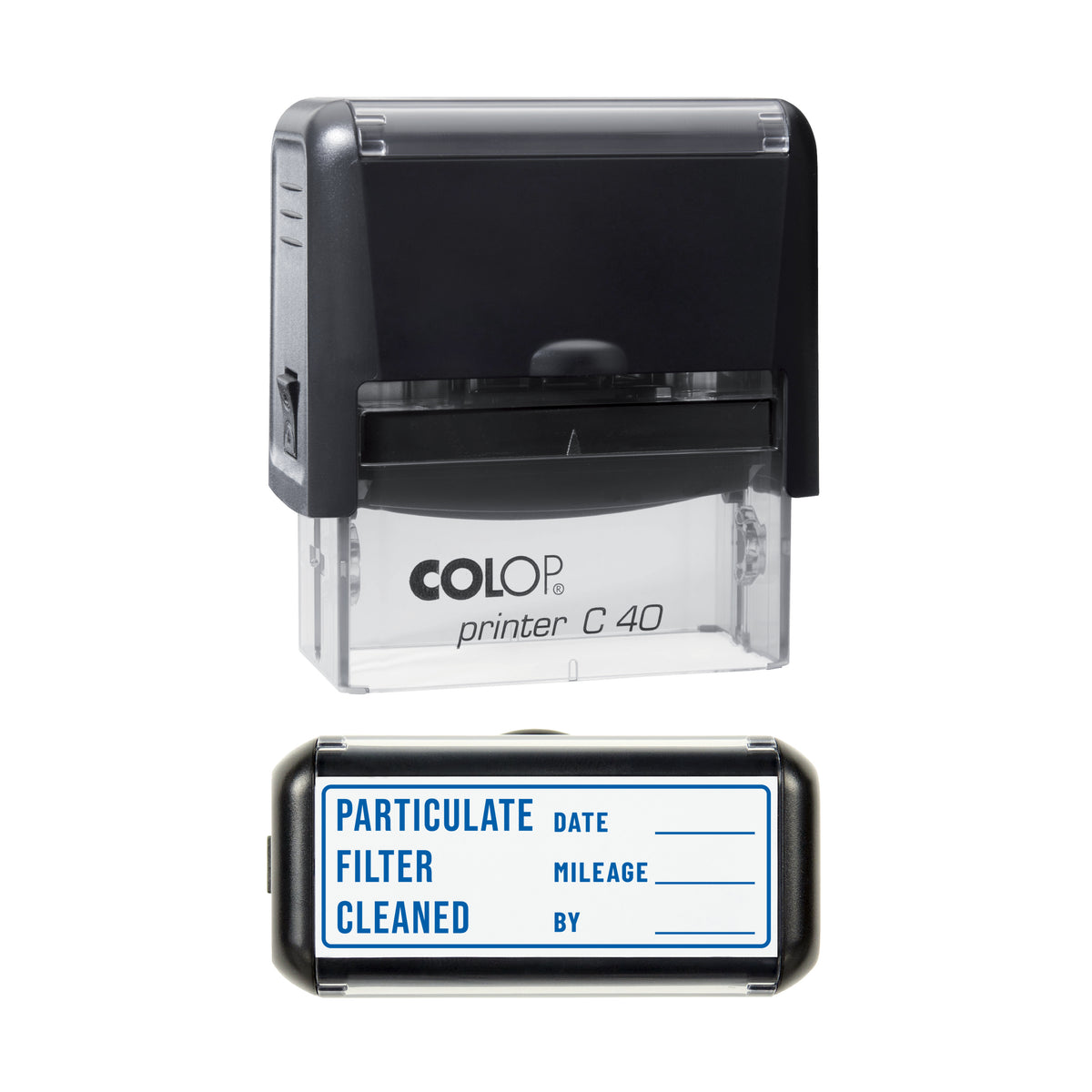 Particulate Filter Cleaned Stamp, COLOP C40, 58 x 22mm, blue ink