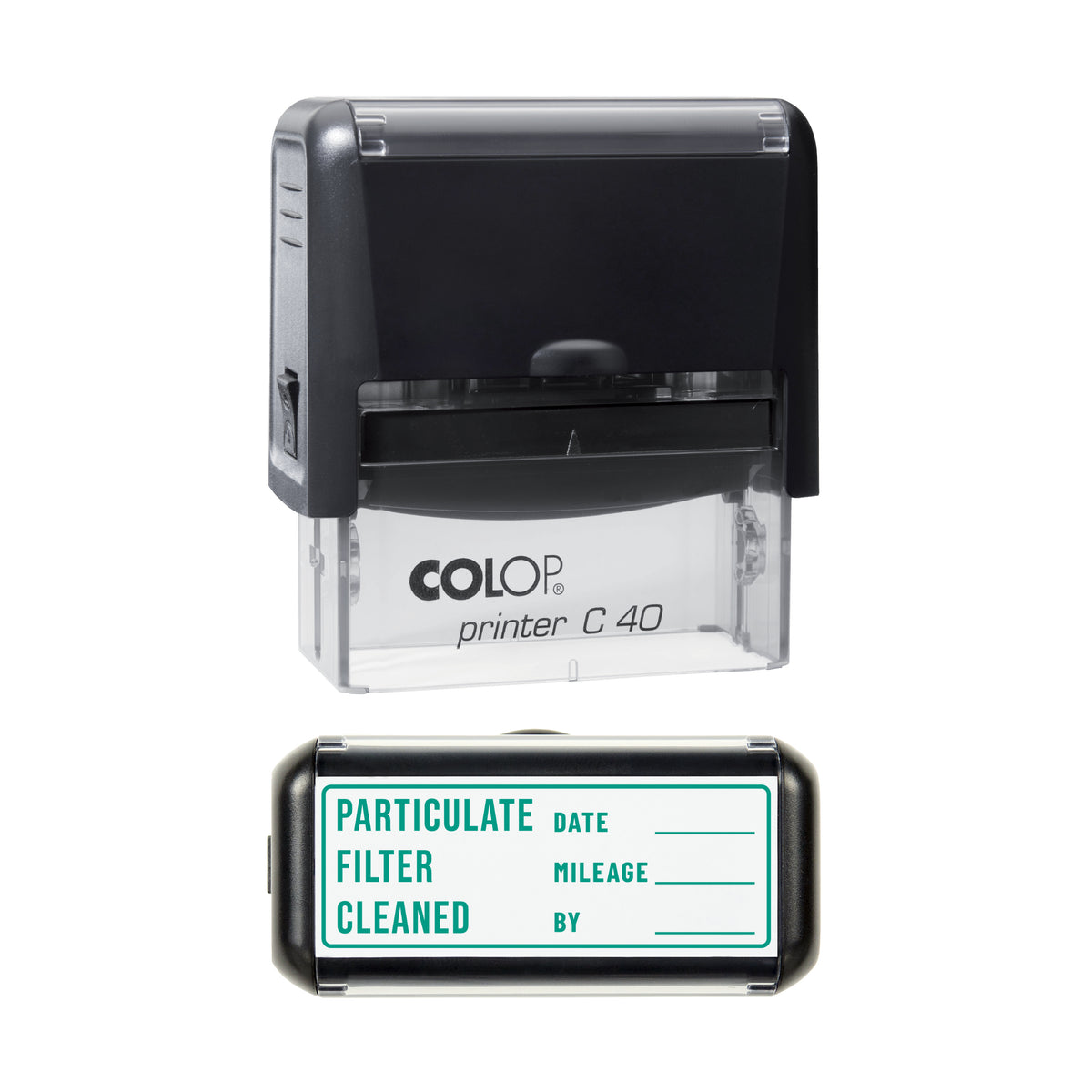 Particulate Filter Cleaned Stamp, COLOP C40, 58 x 22mm, green ink