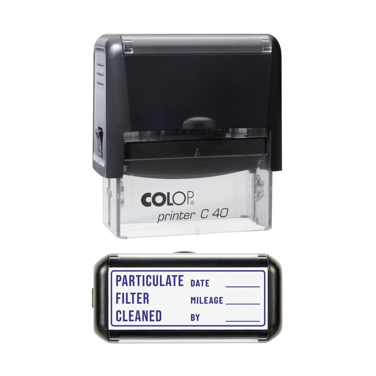 Particulate Filter Cleaned Stamp, COLOP C40, 58 x 22mm, violet ink
