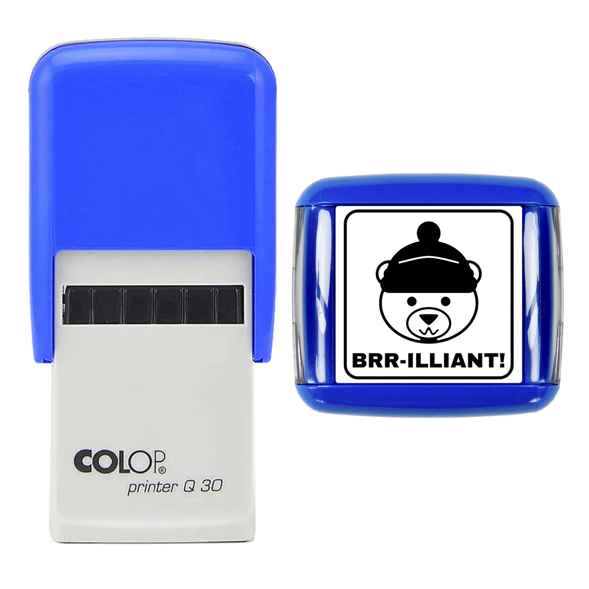 Stamp showing the Brr-illiant Polar Bear Christmas Reward design, 30 x 30mm COLOP Q30 self-inking stamp, black ink