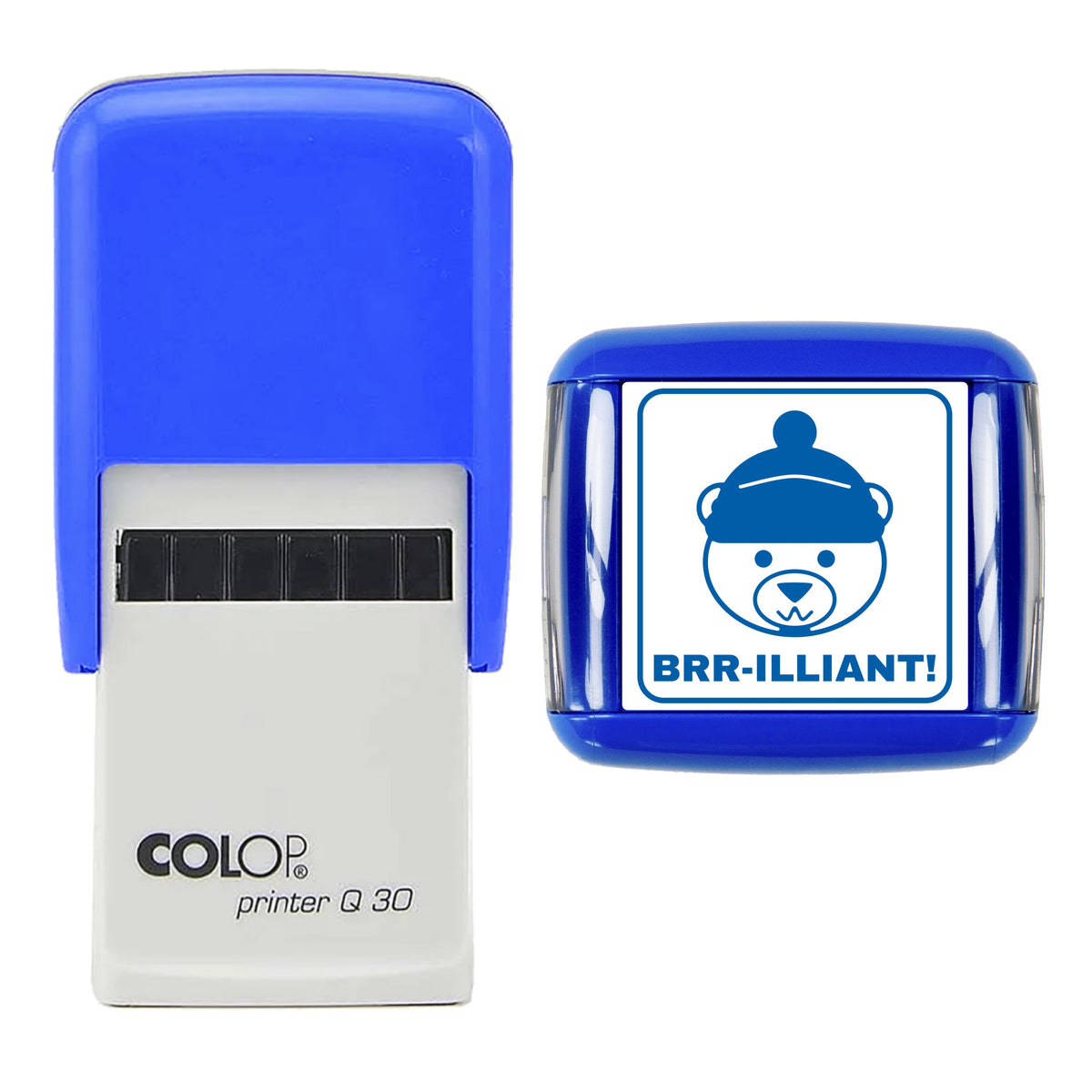 Stamp showing the Brr-illiant Polar Bear Christmas Reward design, 30 x 30mm COLOP Q30 self-inking stamp, blue ink