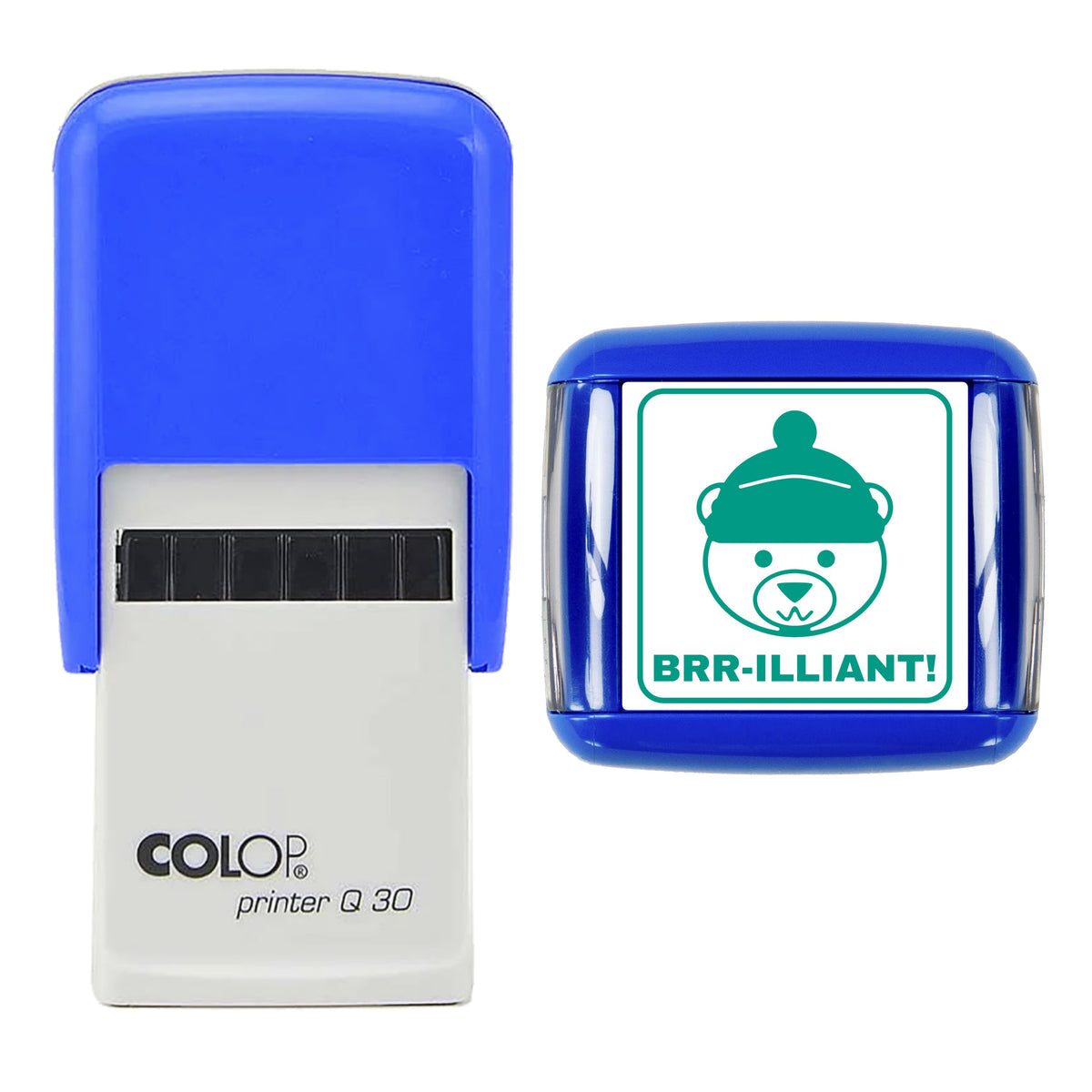 Stamp showing the Brr-illiant Polar Bear Christmas Reward design, 30 x 30mm COLOP Q30 self-inking stamp, green ink