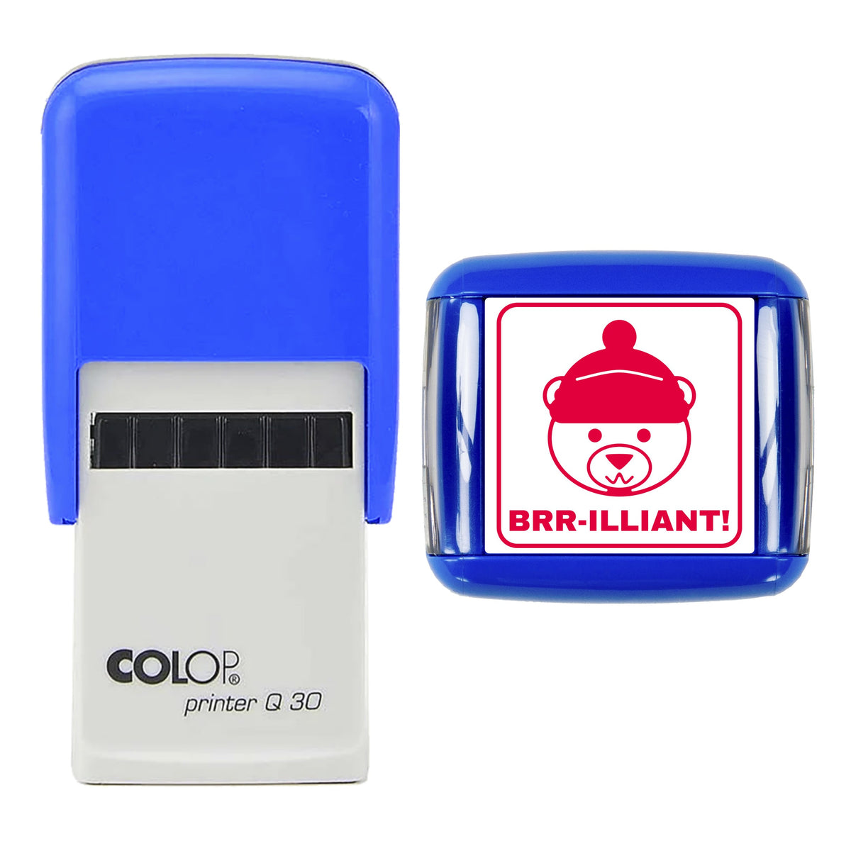 Stamp showing the Brr-illiant Polar Bear Christmas Reward design, 30 x 30mm COLOP Q30 self-inking stamp, red ink