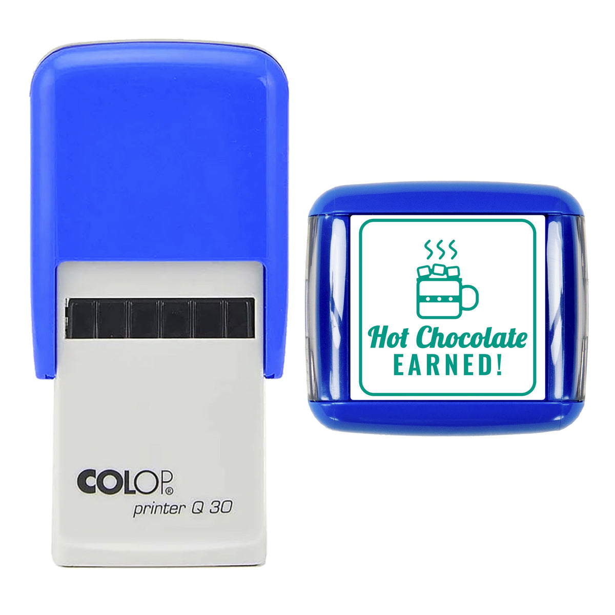 Stamp showing the Hot Chocolate Earned Christmas Reward design, 30 x 30mm COLOP Q30 self-inking stamp, green ink