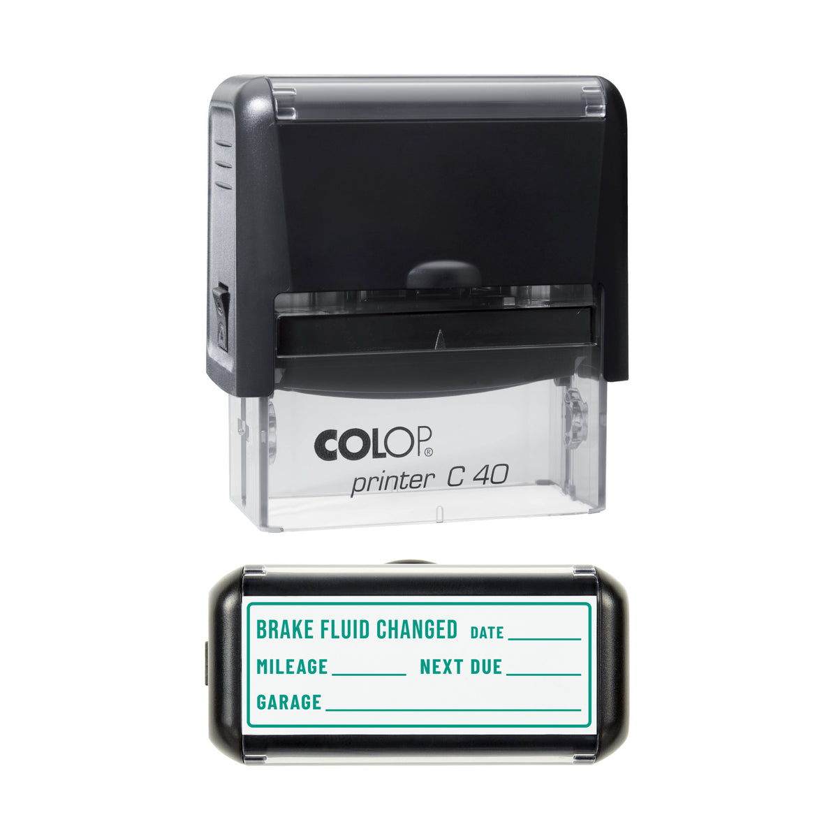 Brake Fluid Changed Stamp, COLOP C40, 58 x 22mm, green ink