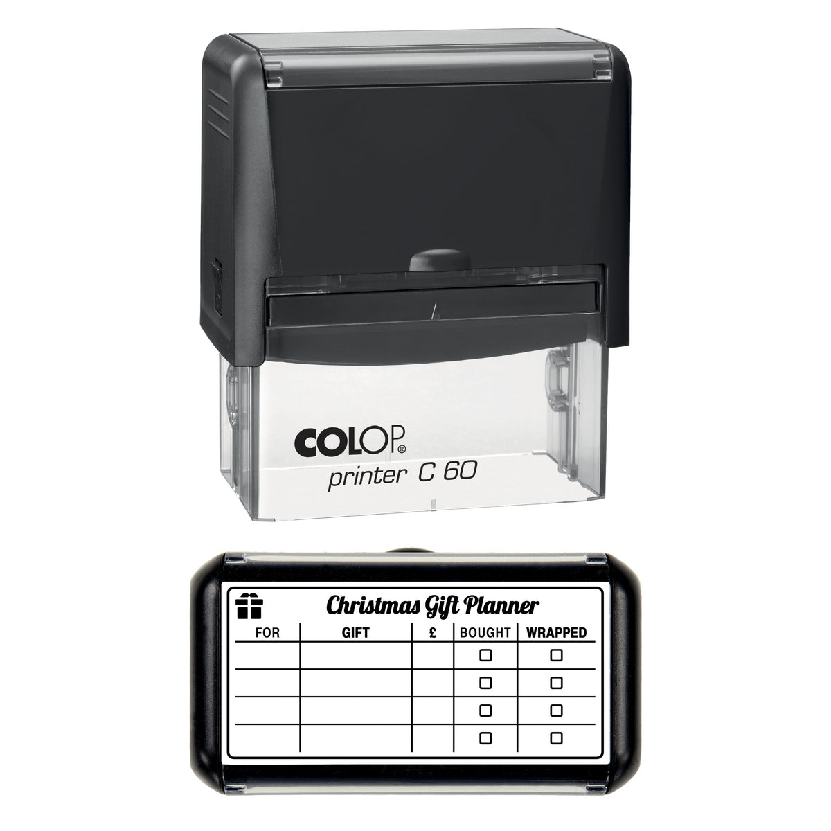 Stamp showing the Christmas Gift Planner design, 77 x 36mm COLOP C60 self-inking stamp, black ink