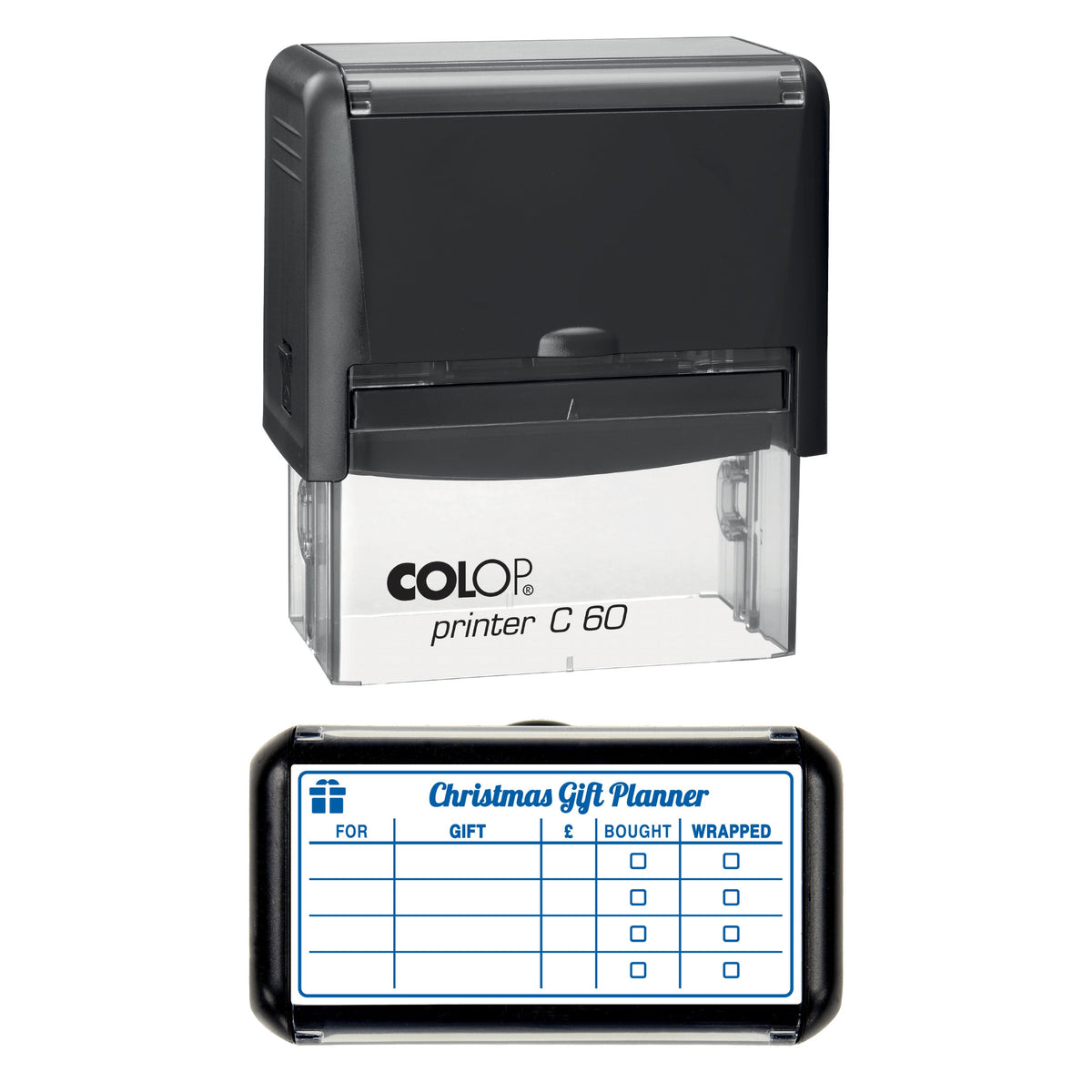 Stamp showing the Christmas Gift Planner design, 77 x 36mm COLOP C60 self-inking stamp, blue ink