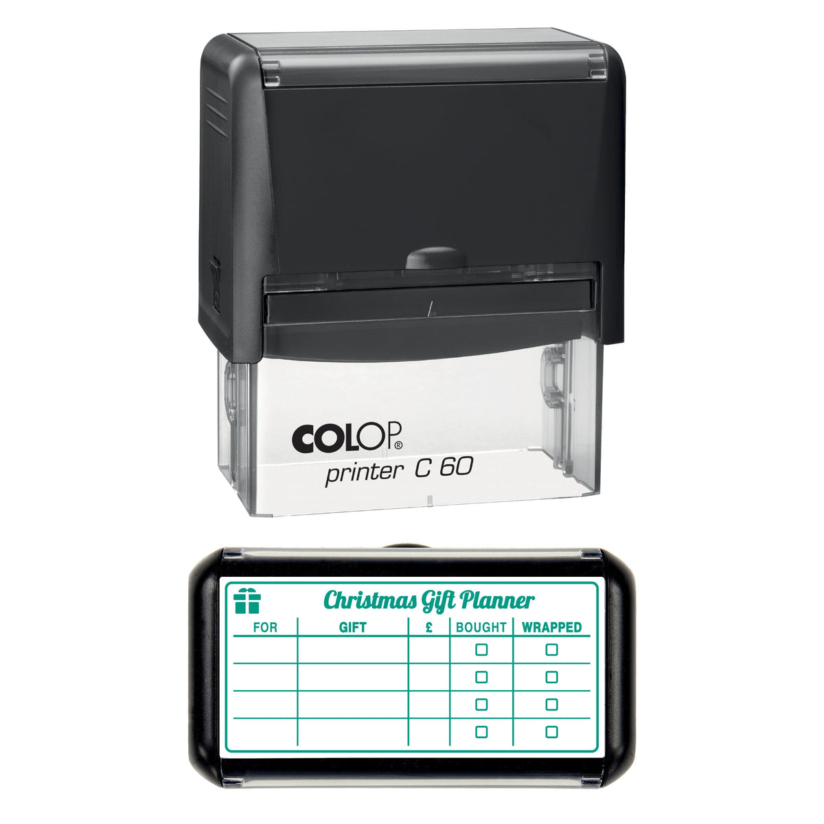 Stamp showing the Christmas Gift Planner design, 77 x 36mm COLOP C60 self-inking stamp, green ink