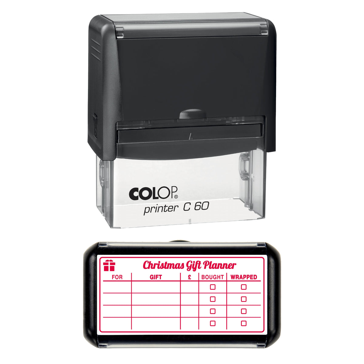 Stamp showing the Christmas Gift Planner design, 77 x 36mm COLOP C60 self-inking stamp, red ink