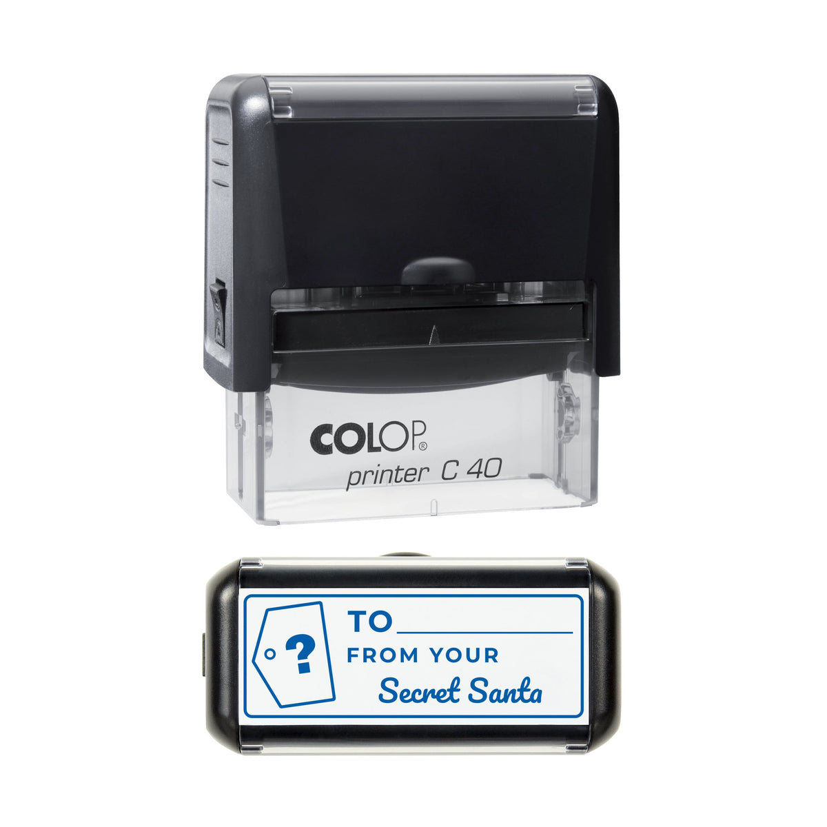 Stamp showing the Secret Santa Gift Tag design, 58 x 22mm COLOP C40 self-inking stamp, blue ink