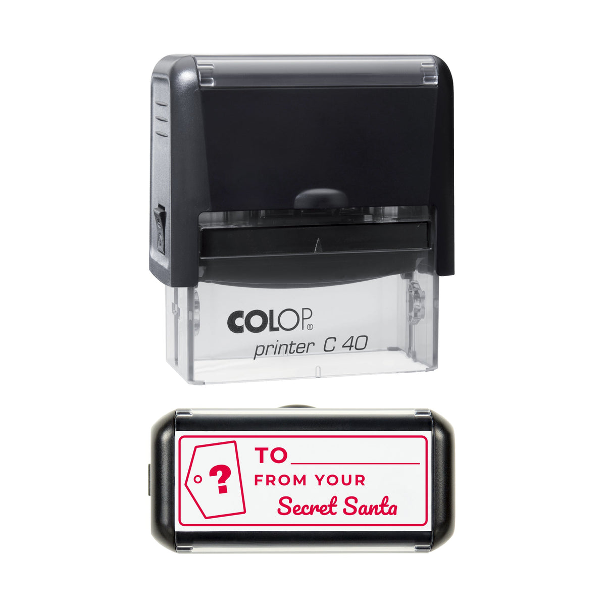 Stamp showing the Secret Santa Gift Tag design, 58 x 22mm COLOP C40 self-inking stamp, red ink