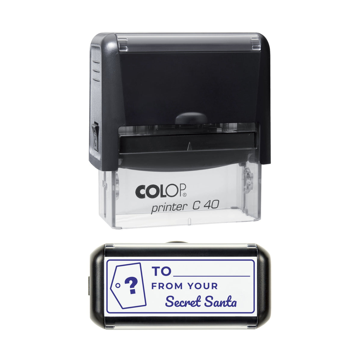 Stamp showing the Secret Santa Gift Tag design, 58 x 22mm COLOP C40 self-inking stamp, violet ink