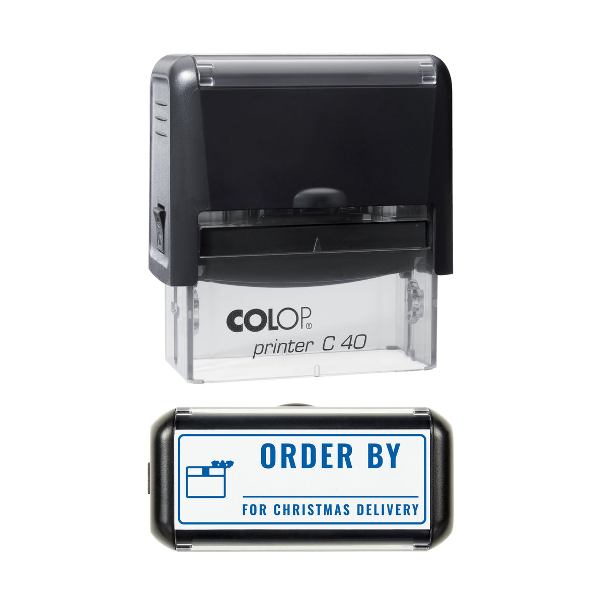 Stamp showing the Order By for Christmas Delivery design, 58 x 22mm COLOP C40 self-inking stamp, blue ink