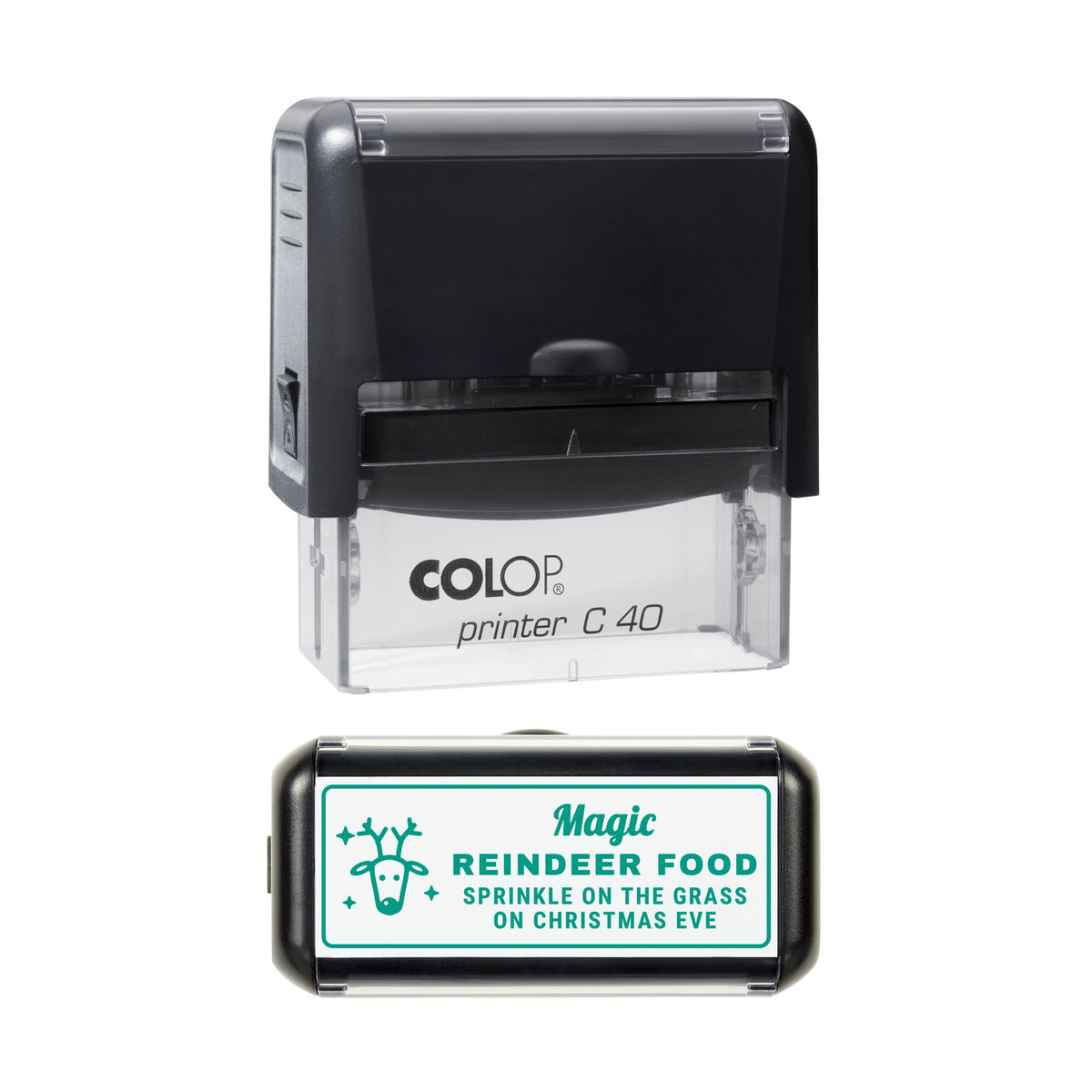 Stamp showing the Magic Reindeer Food Christmas design, 58 x 22mm COLOP C40 self-inking stamp, green ink