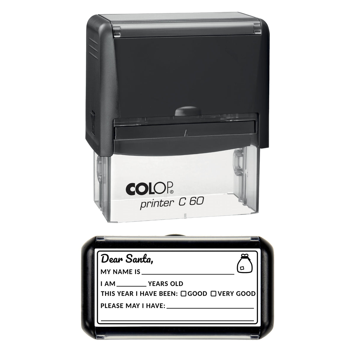 Stamp showing the Letter to Santa Christmas Write-In design, 77 x 36mm COLOP C60 self-inking stamp, black ink